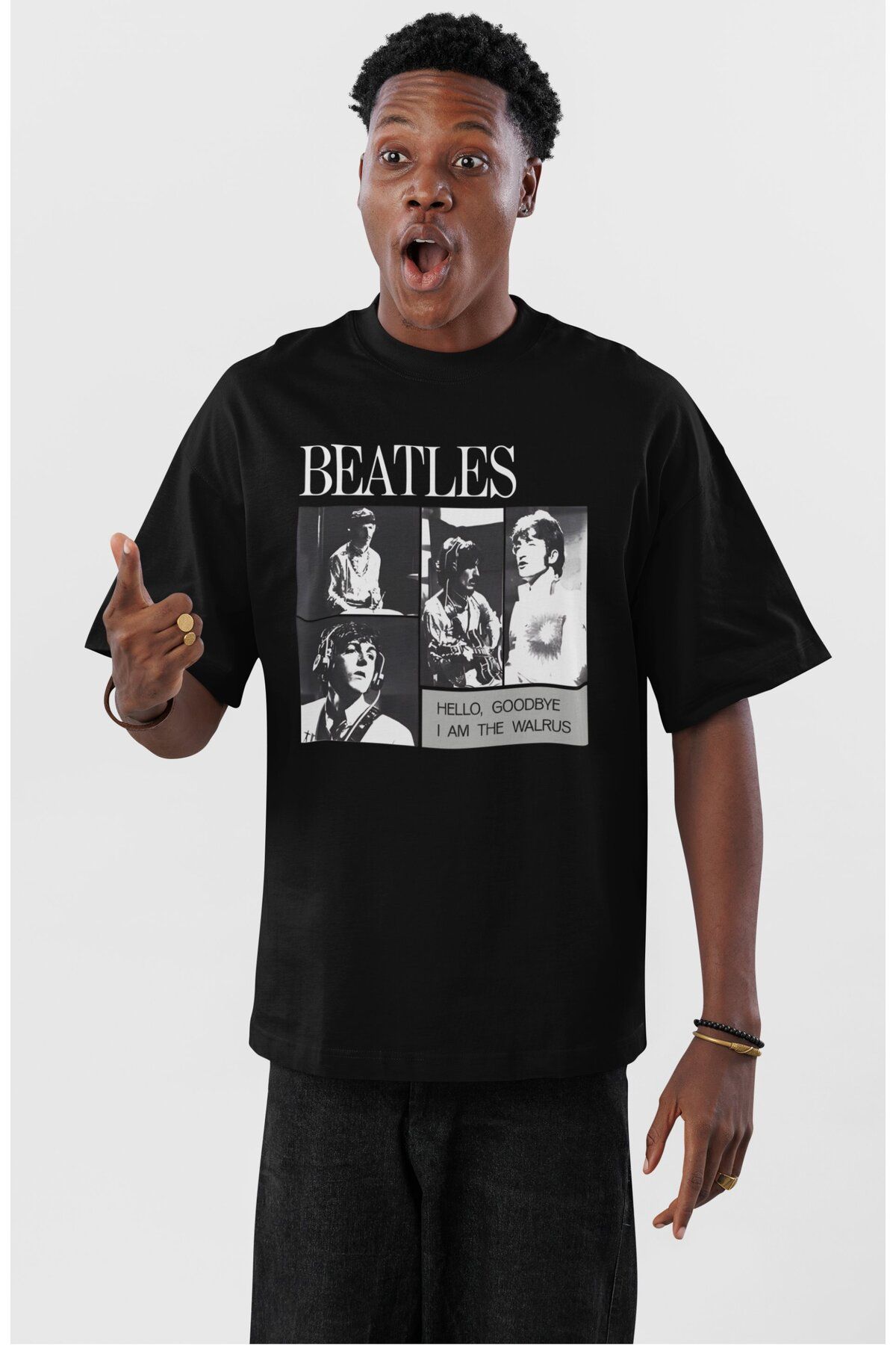 Fuddy Moda Unisex The Beatles Hello Goodbye Baskılı Tişört, Oversize Rock Band Temalı Bisiklet Yaka T-shirt