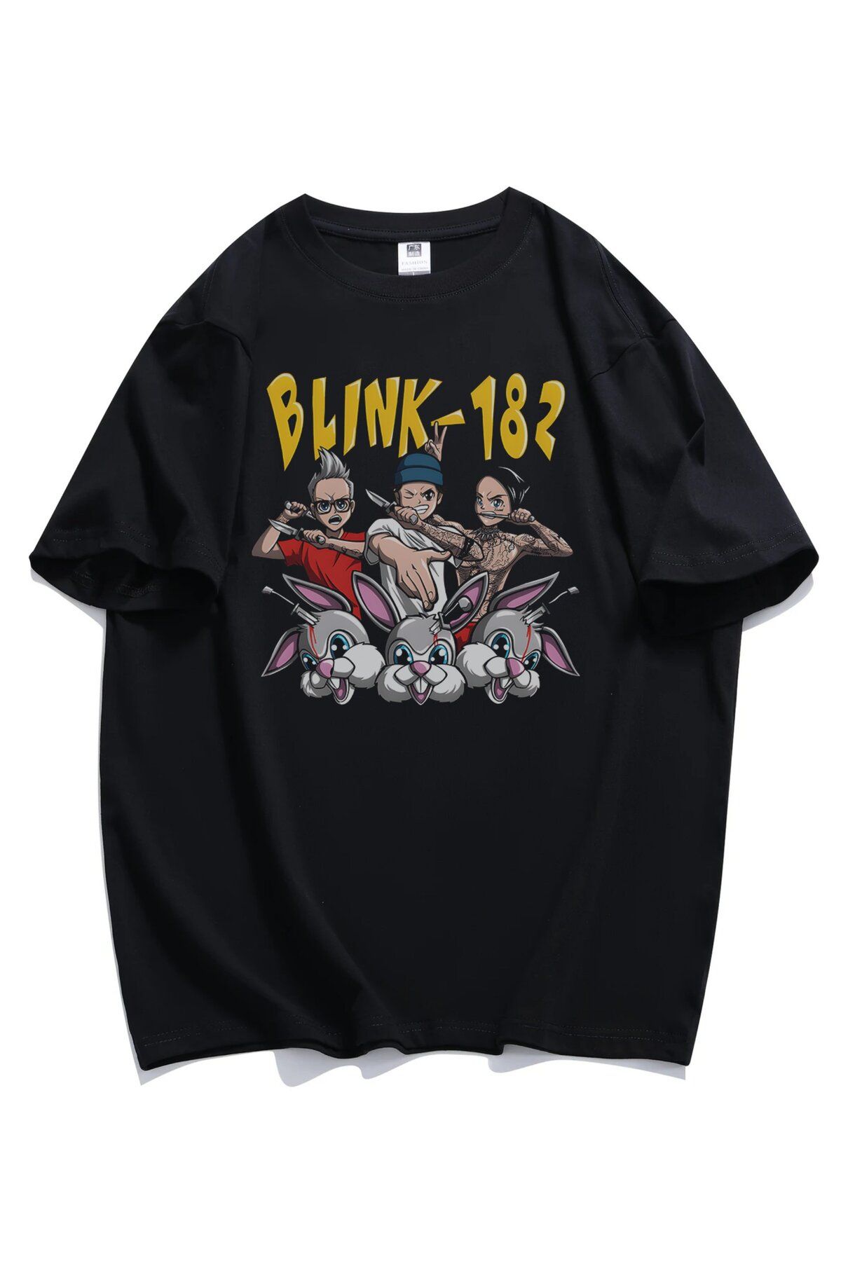 Fuddy Moda Unisex Blink 182 Bunny Baskılı Tişört, Oversize Rock Band Temalı T-shirt