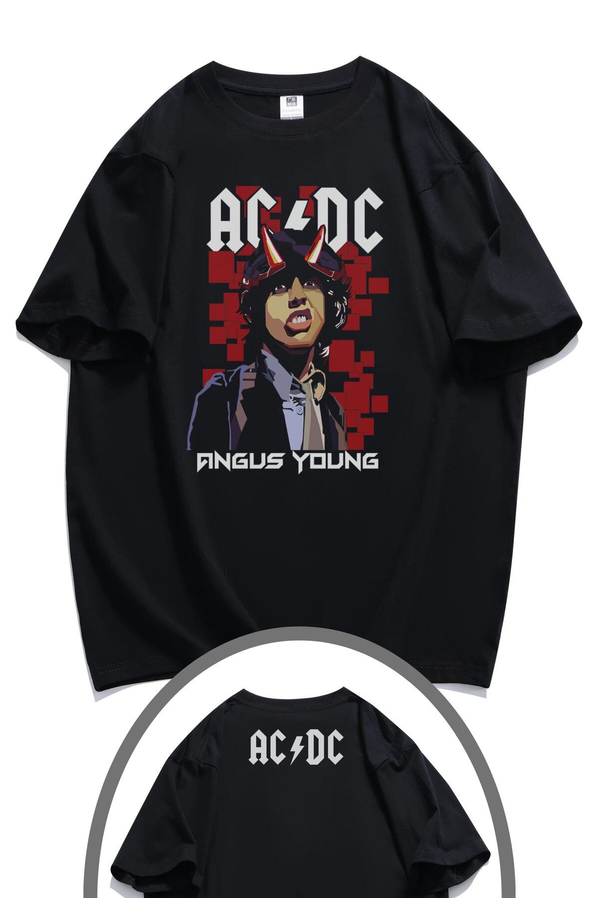 Fuddy Moda Unisex AC DC Angus Young Ense Baskılı Tişört, Oversize Rock Grubu Temalı T-shirt