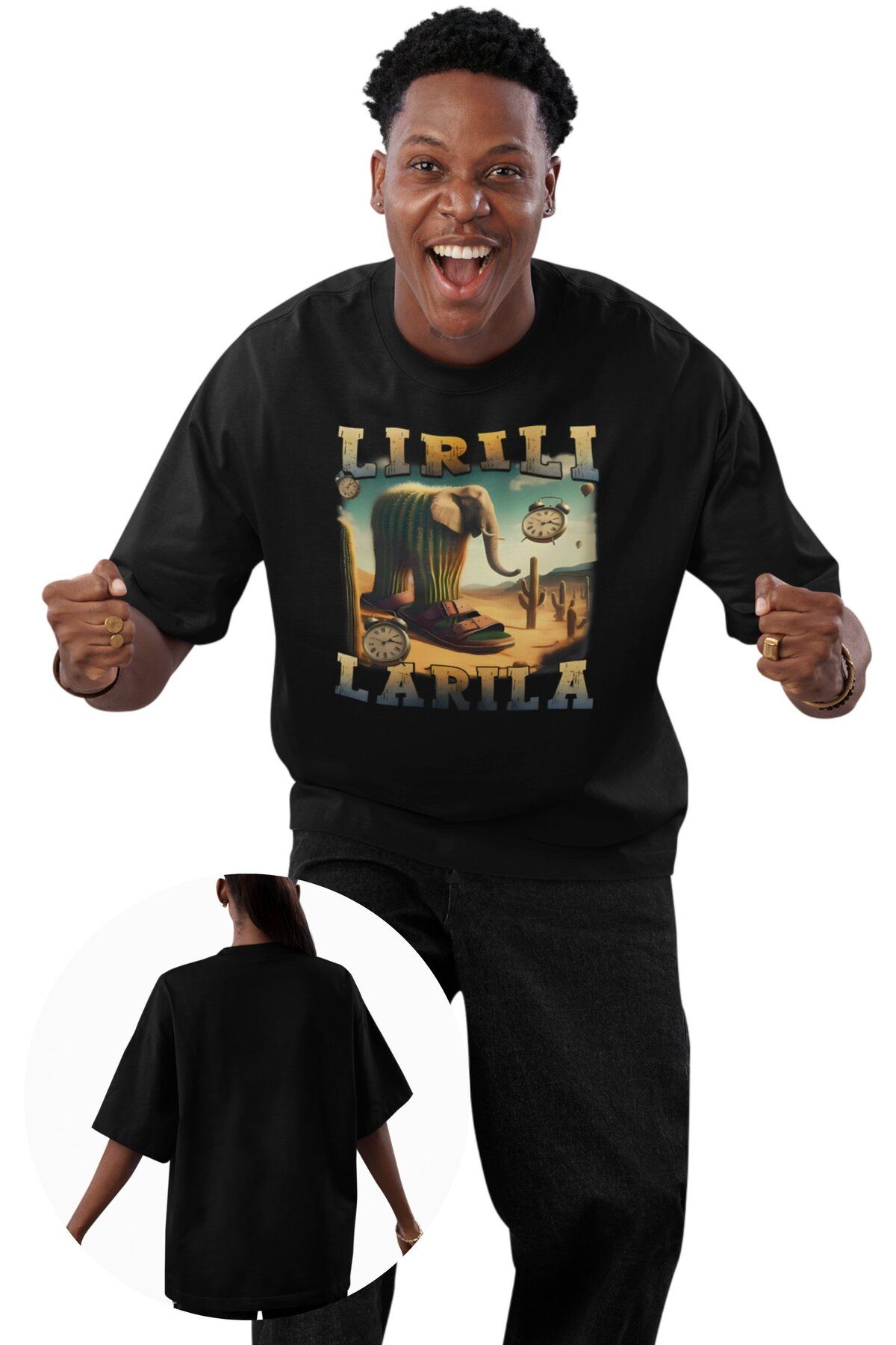 Fuddy Moda Unisex Lirili Larila Baskılı T-shirt, Oversize Tung Tung Tung Sahur Temalı Bisiklet Yaka Tişört