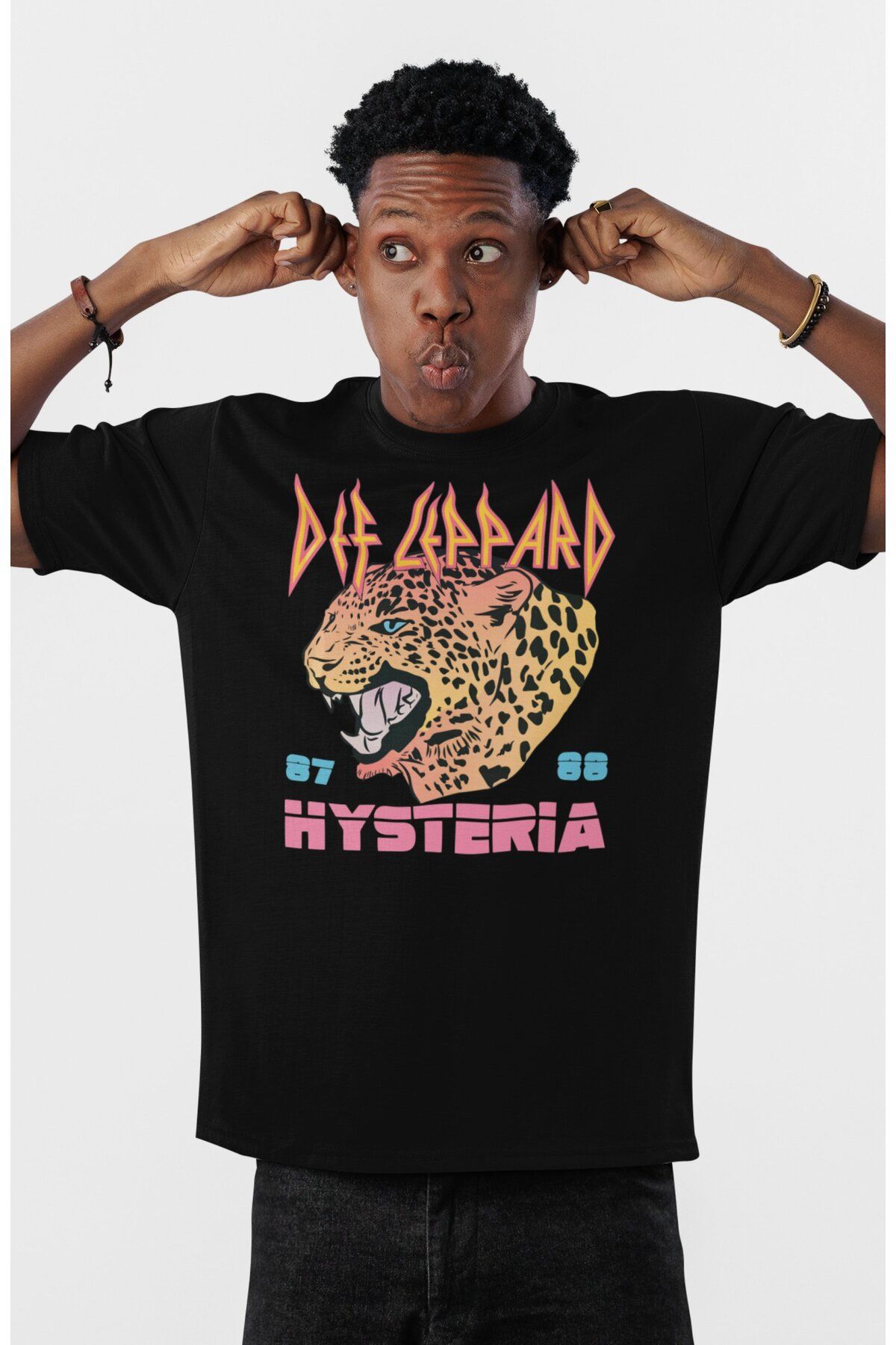 Fuddy Moda Unisex Def Leppard Hysteria Baskılı Tişört, Oversize Rock Grubu Temalı Bisiklet Yaka T-shirt