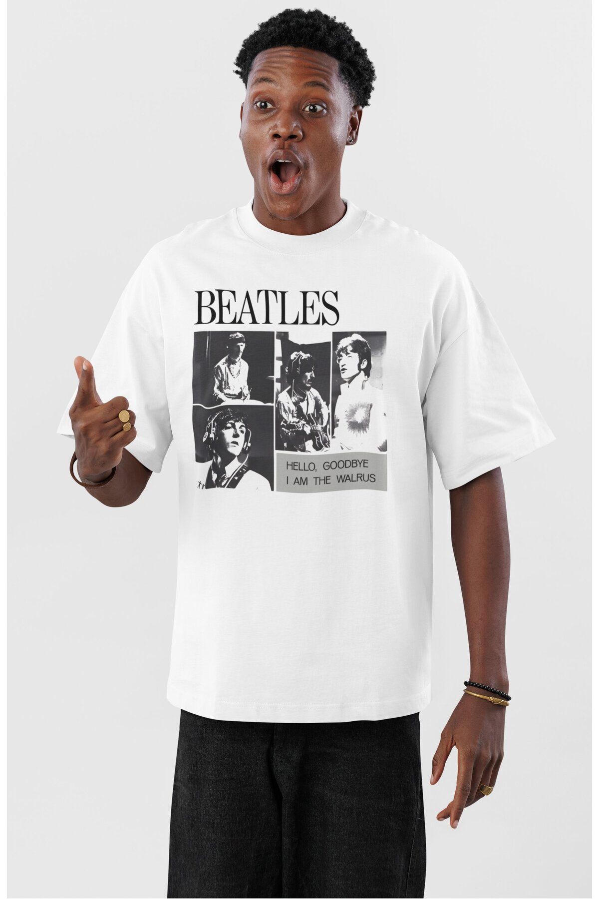 Fuddy Moda Unisex The Beatles Hello Goodbye Baskılı Tişört, Oversize Rock Band Temalı Bisiklet Yaka T-shirt