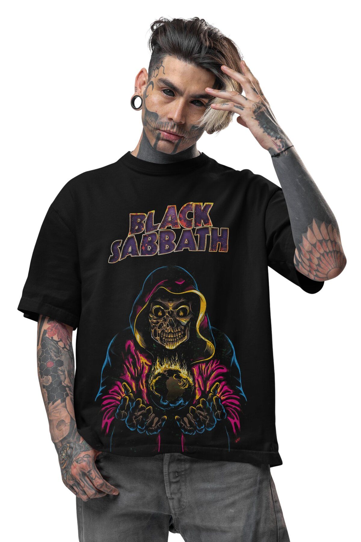 Fuddy Moda Unisex Black Sabbath Skull Baskılı Tişört, Oversize Rock Grubu Temalı T-shirt