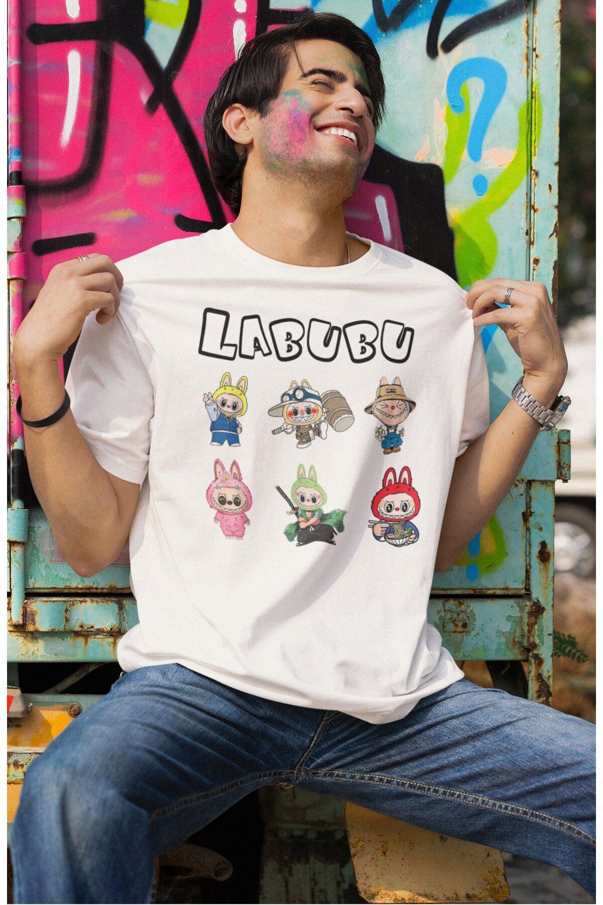 Fuddy Moda Unisex Labubu Karakterleri Baskılı T-shirt, Oversize Peluş Oyuncak Temalı Bisiklet Yaka Tişört