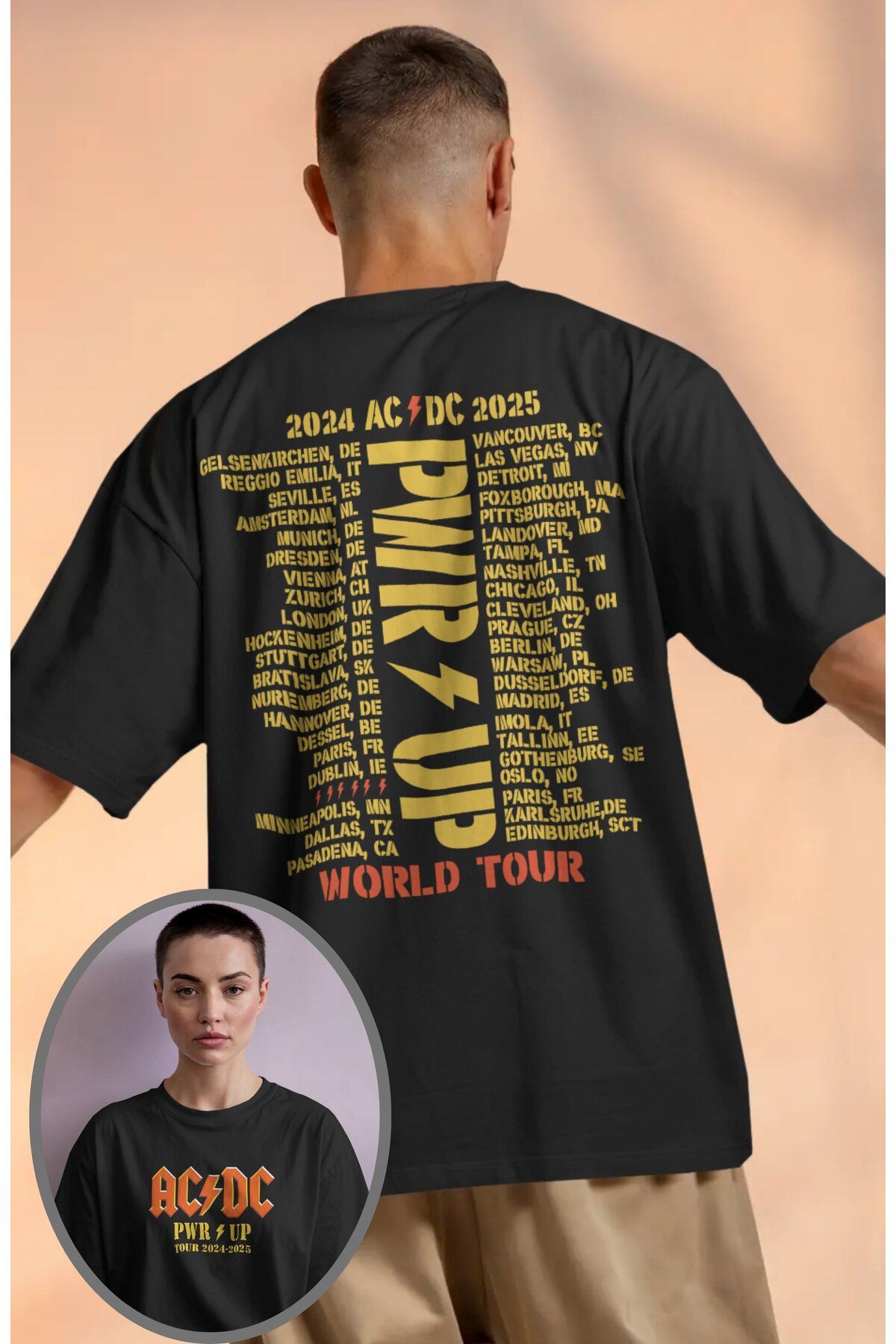 Fuddy Moda Unisex AC-DC World Tour 2024-2025 Sırt Baskılı Tişört, Oversize Rock Grubu Temalı T-shirt