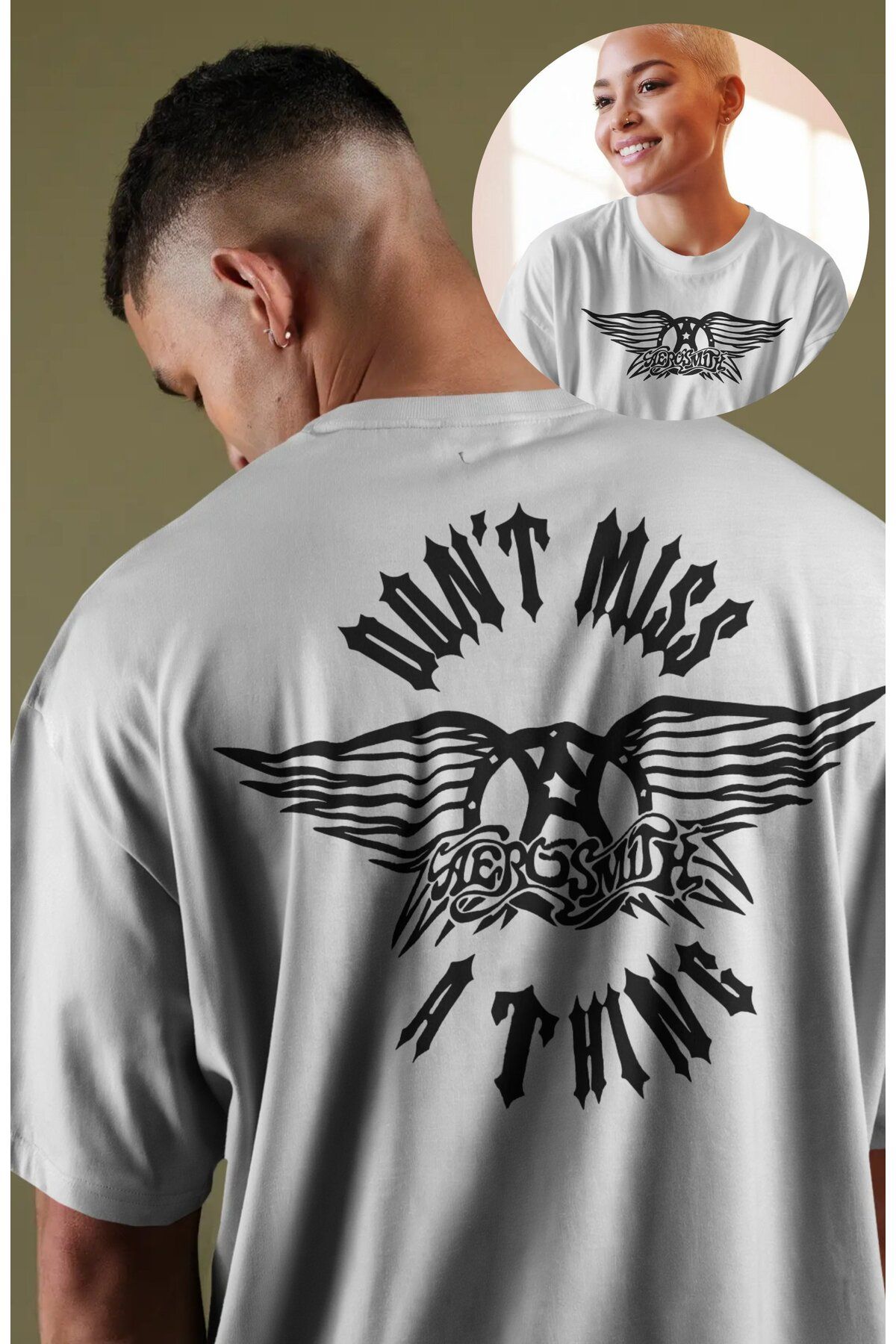 Fuddy Moda Unisex Aerosmith Dont Miss A Thing Sırt Baskılı Tişört, Oversize Rock Grubu Temalı T-shirt