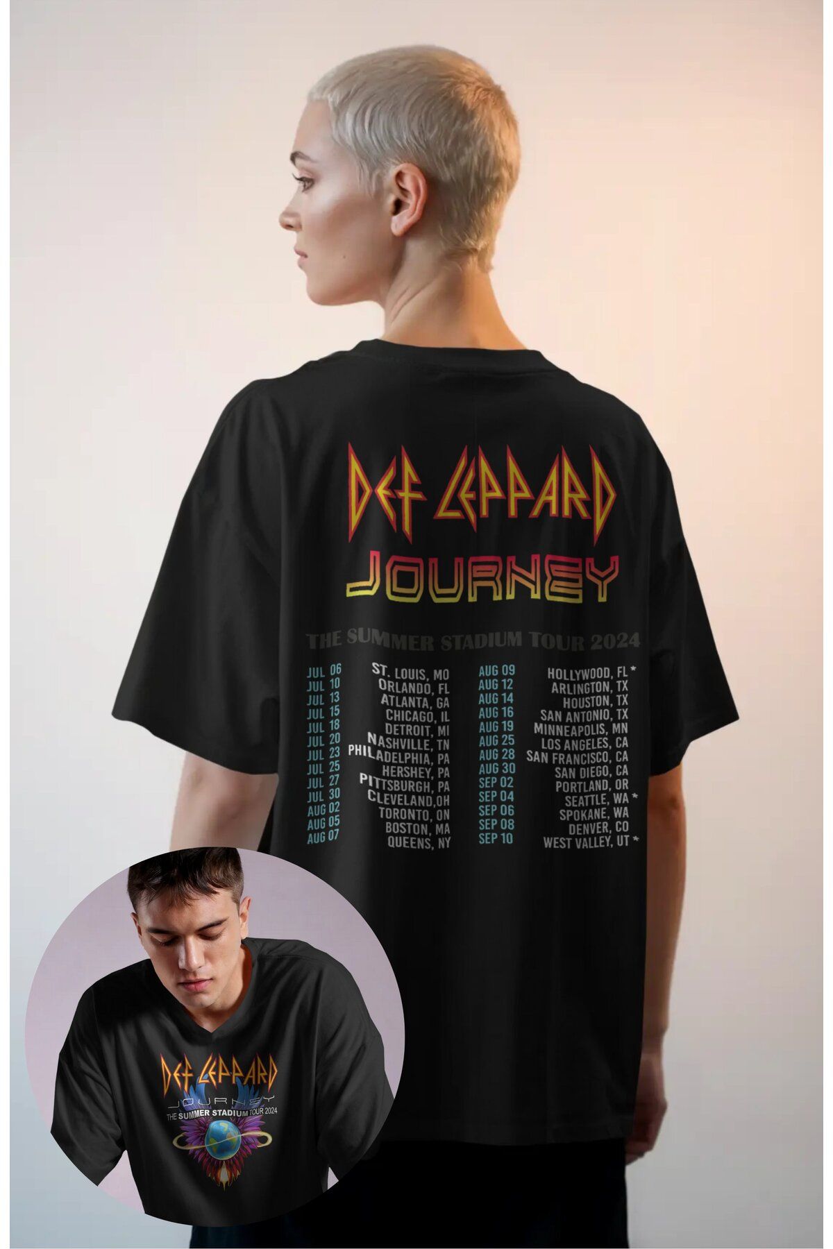 Fuddy Moda Unisex Def Leppard Journey Sırt Baskılı Tişört, Oversize Rock Band Temalı T-shirt