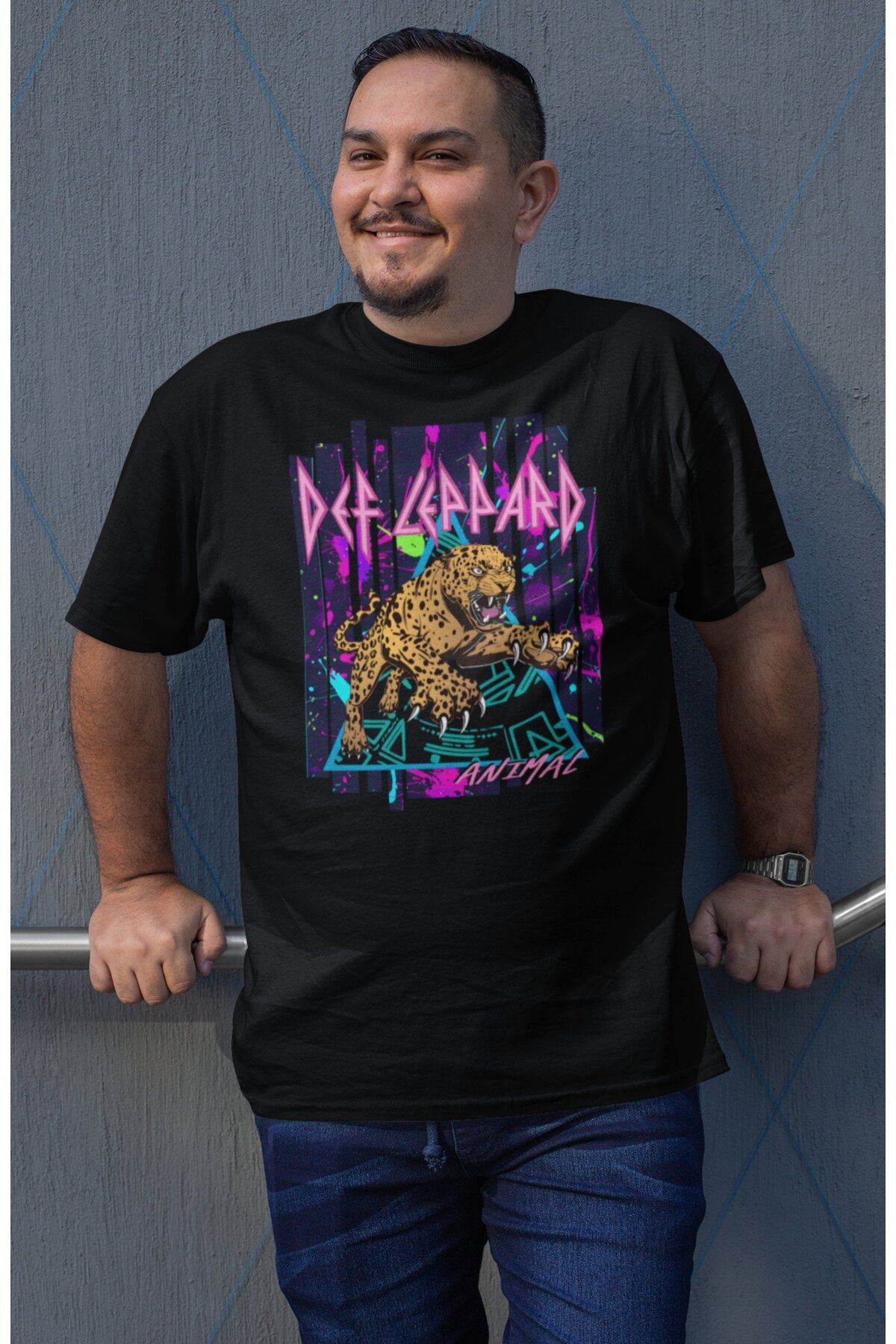 Fuddy Moda Unisex Def Leppard Animal Baskılı Tişört, Oversize Rock Band Temalı Bisiklet Yaka T-shirt