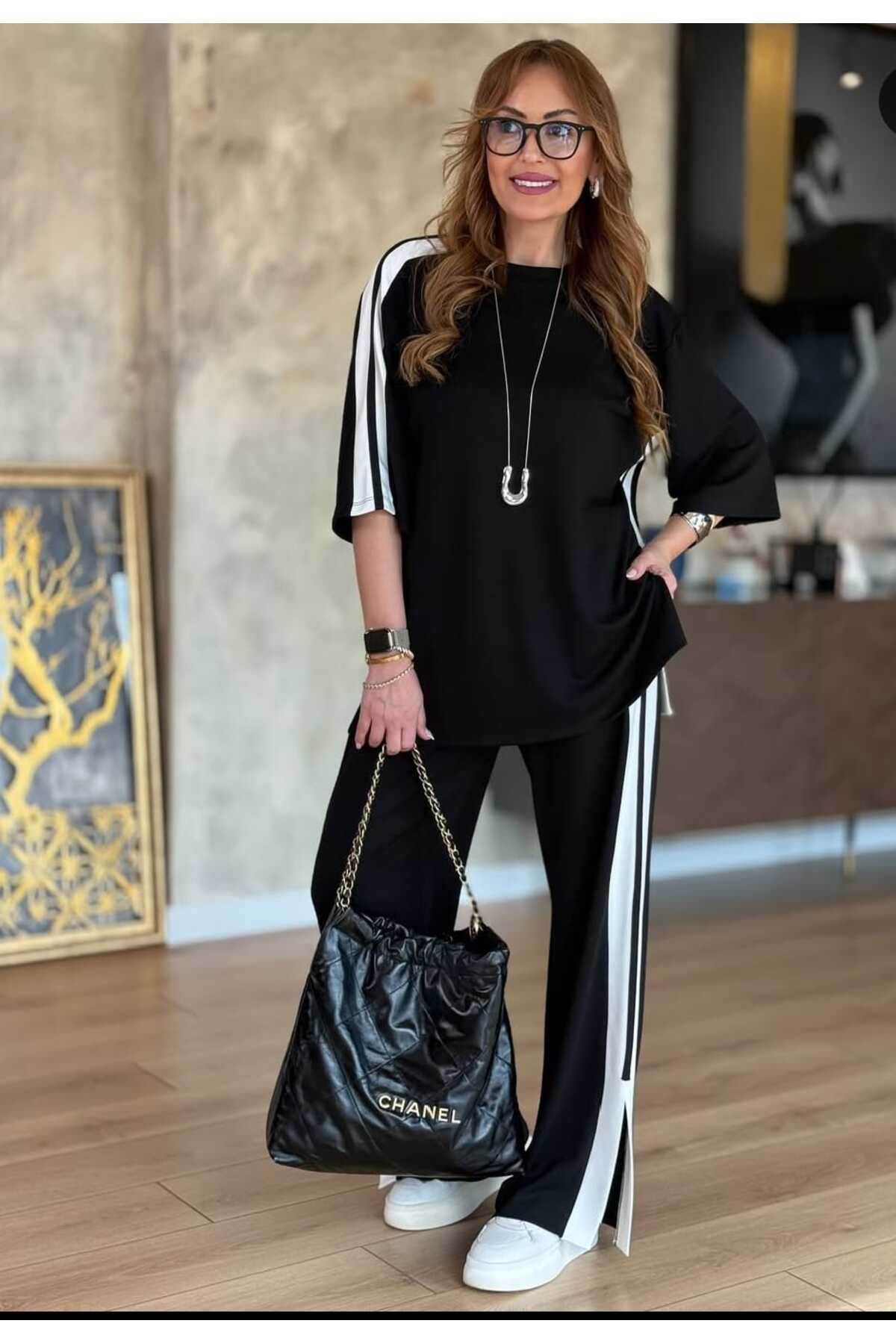 Foola Moda Şerit Detaylı Oversize İkili Takım