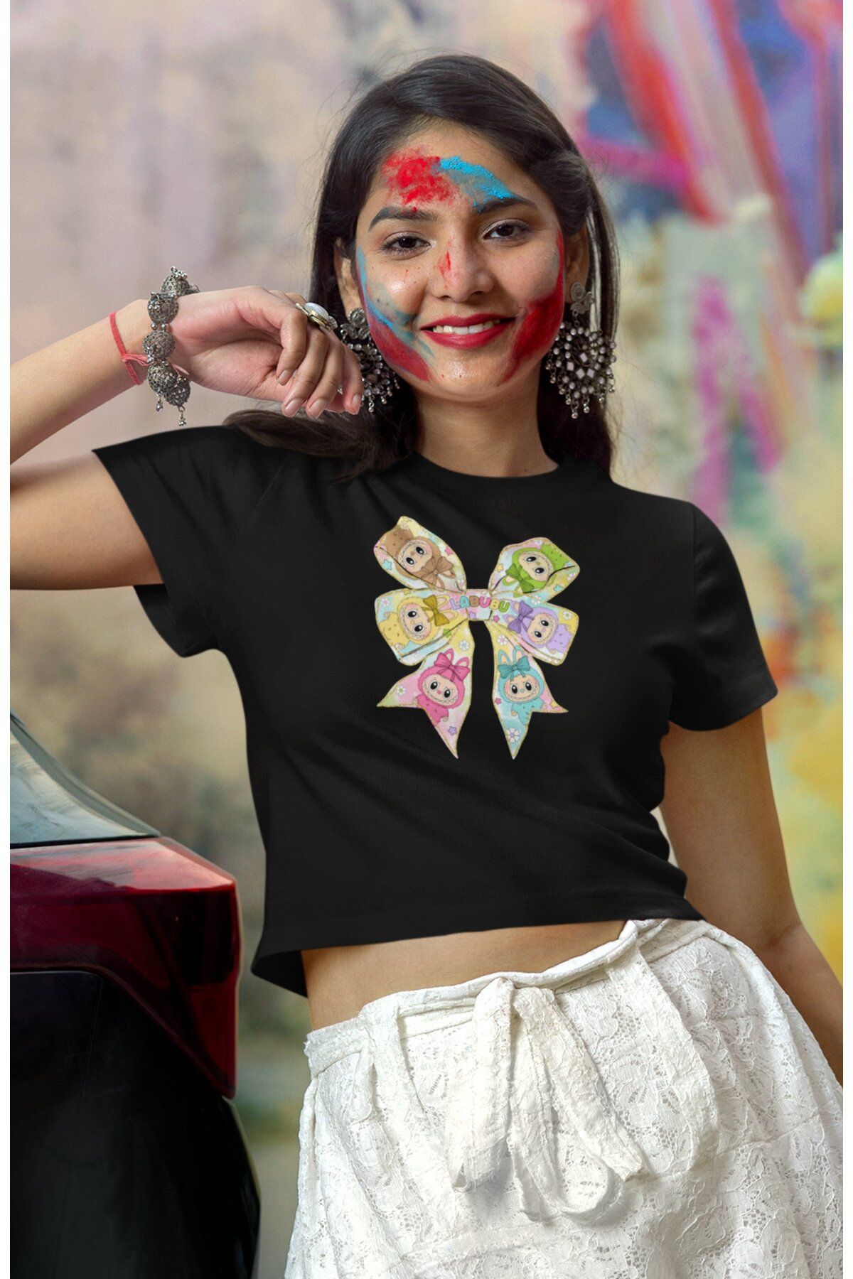 Fuddy Moda Kurdele Labubu Baskılı Kadın Crop Top, Peluş Oyuncak Temalı Kız Çocuk Crop Bluz