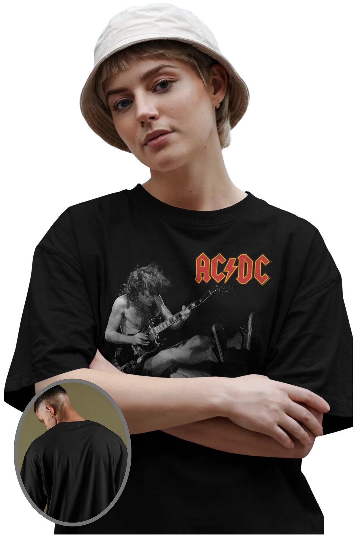 Fuddy Moda Unisex AC DC Baskılı Tişört, Oversize Rock Grubu Temalı T-shirt
