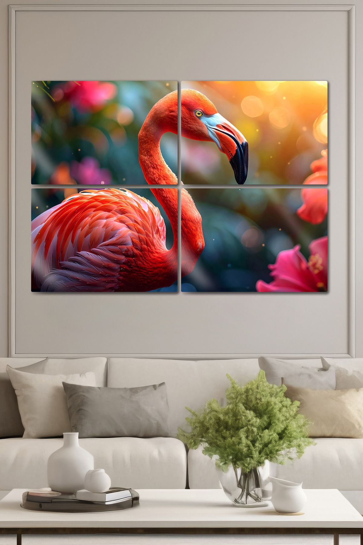 DekorHane Metal Baskı - Flamingo, Pembe Tasarımlı, Dekoratif Parçalı Ev Ofis Parlak Tablo