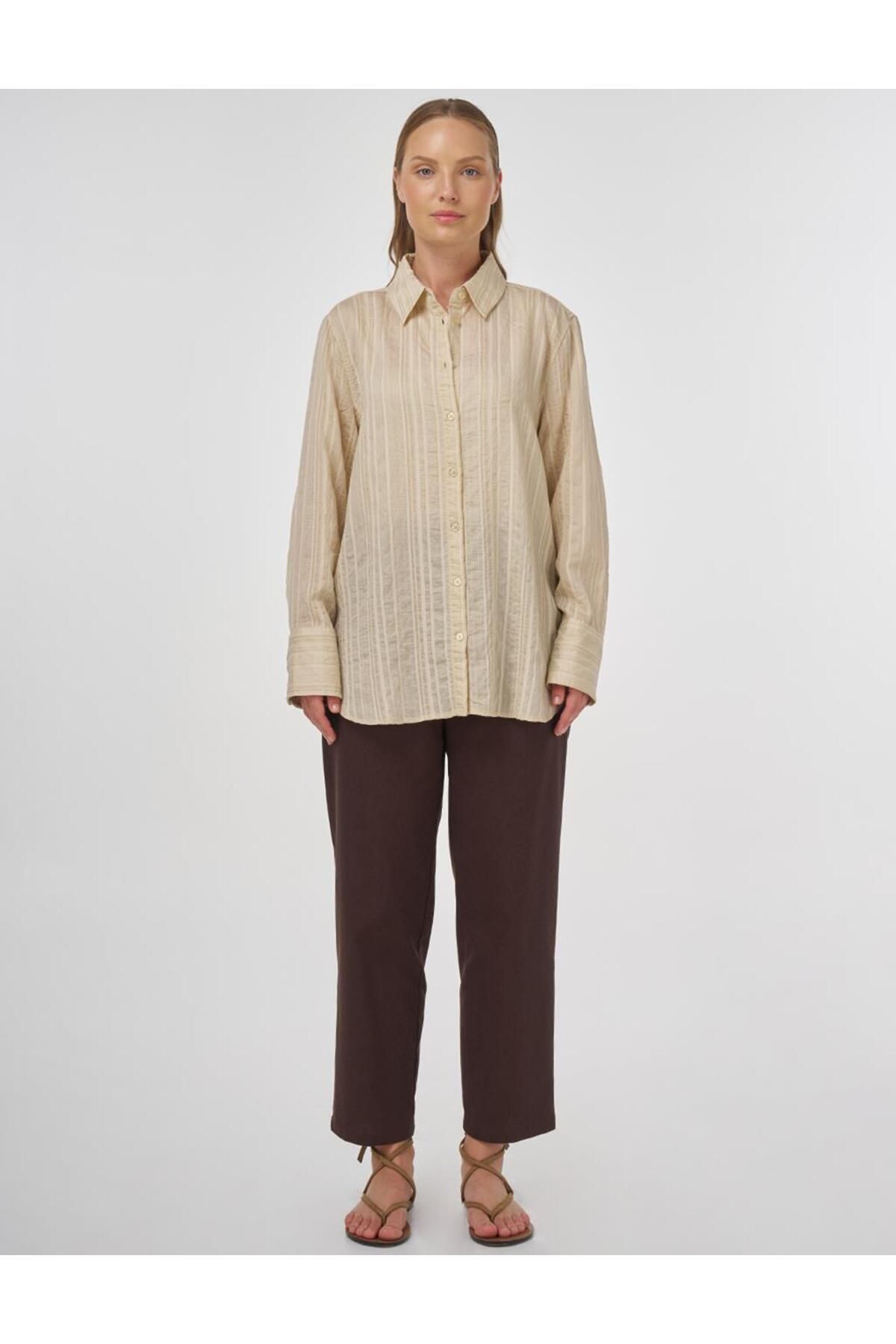 Kayra-Stripe Pattern Lyocell Tunic Light Gray 3
