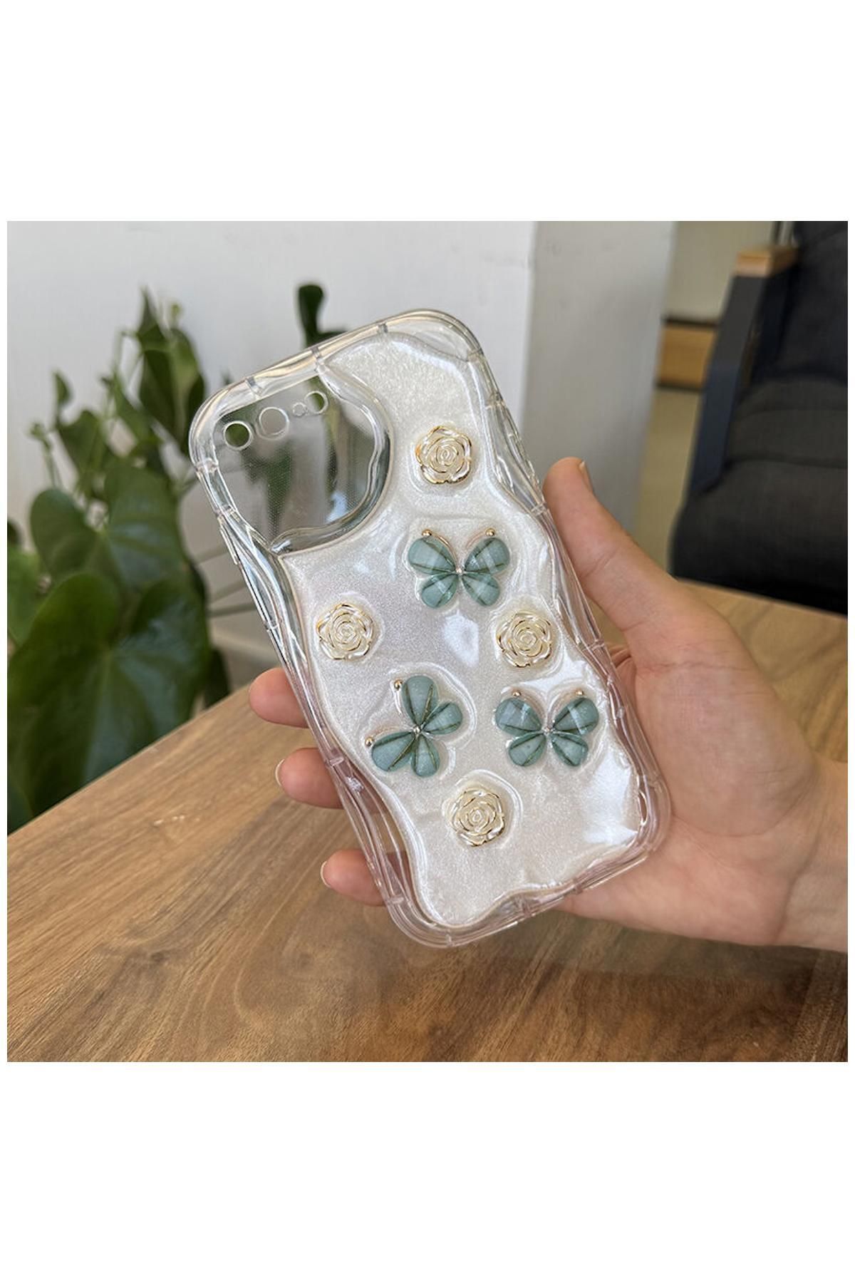 Pro Aksesuar Apple iPhone 6S Plus Uyumlu Kılıf Kelebekli Floral Silikon Kılıf Yeşil