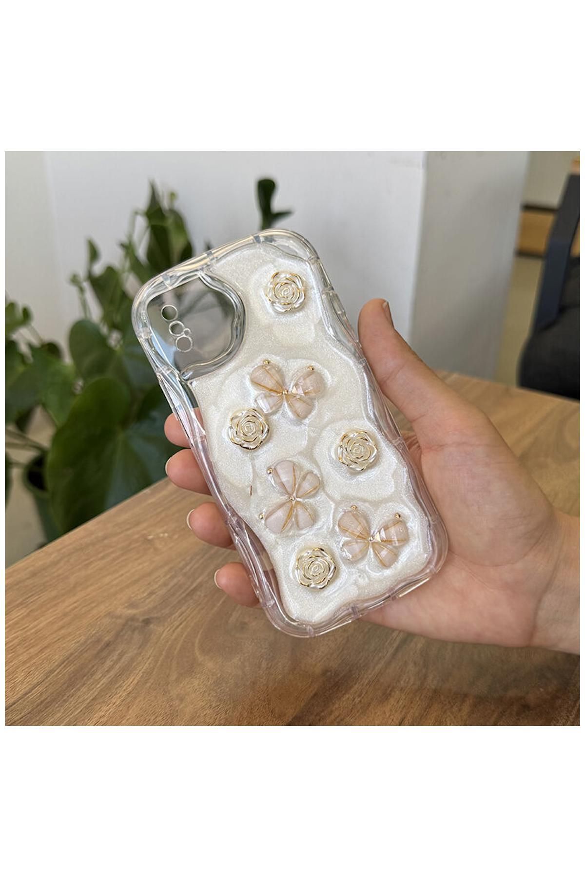 Pro Aksesuar Apple iPhone XS Uyumlu Kılıf Kelebekli Floral Silikon Kılıf Gold