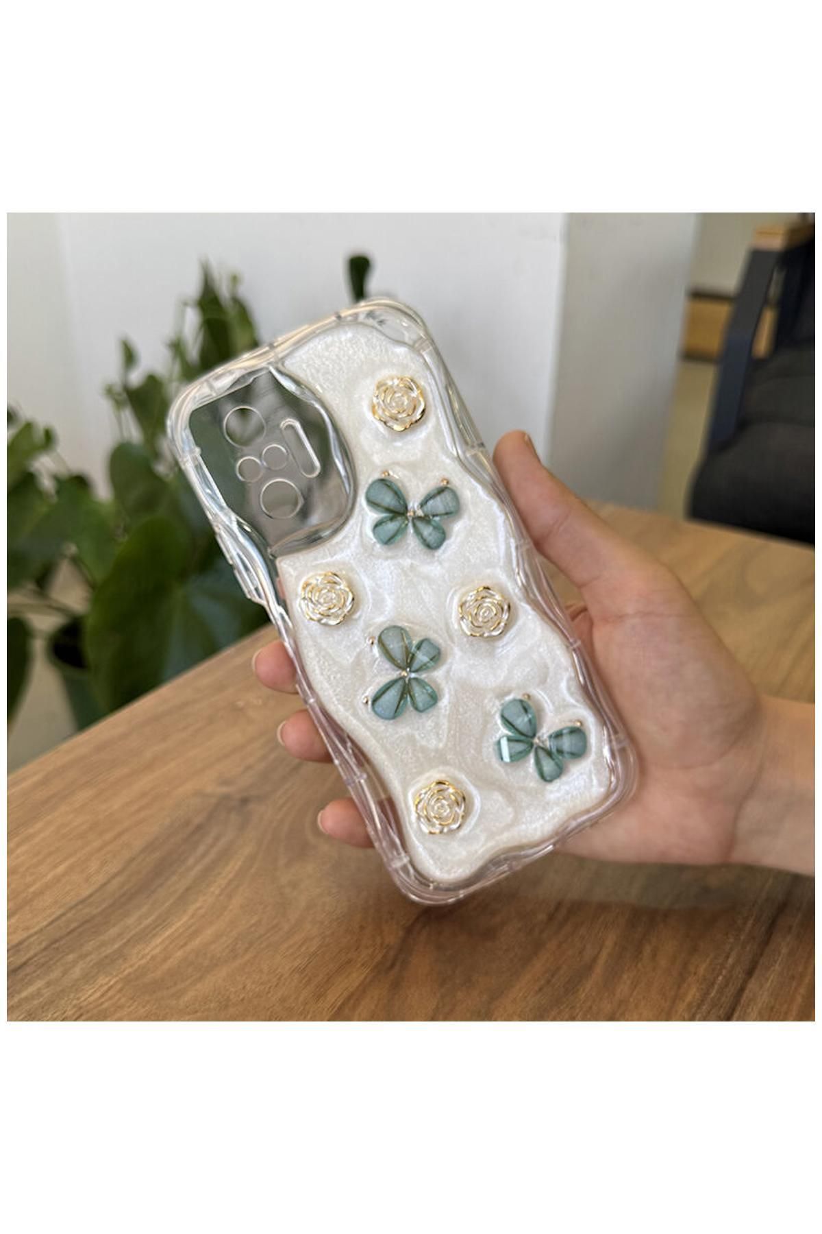 Pro Aksesuar Xiaomi Redmi Note 10S Uyumlu Kılıf Kelebekli Floral Silikon Kılıf Yeşil