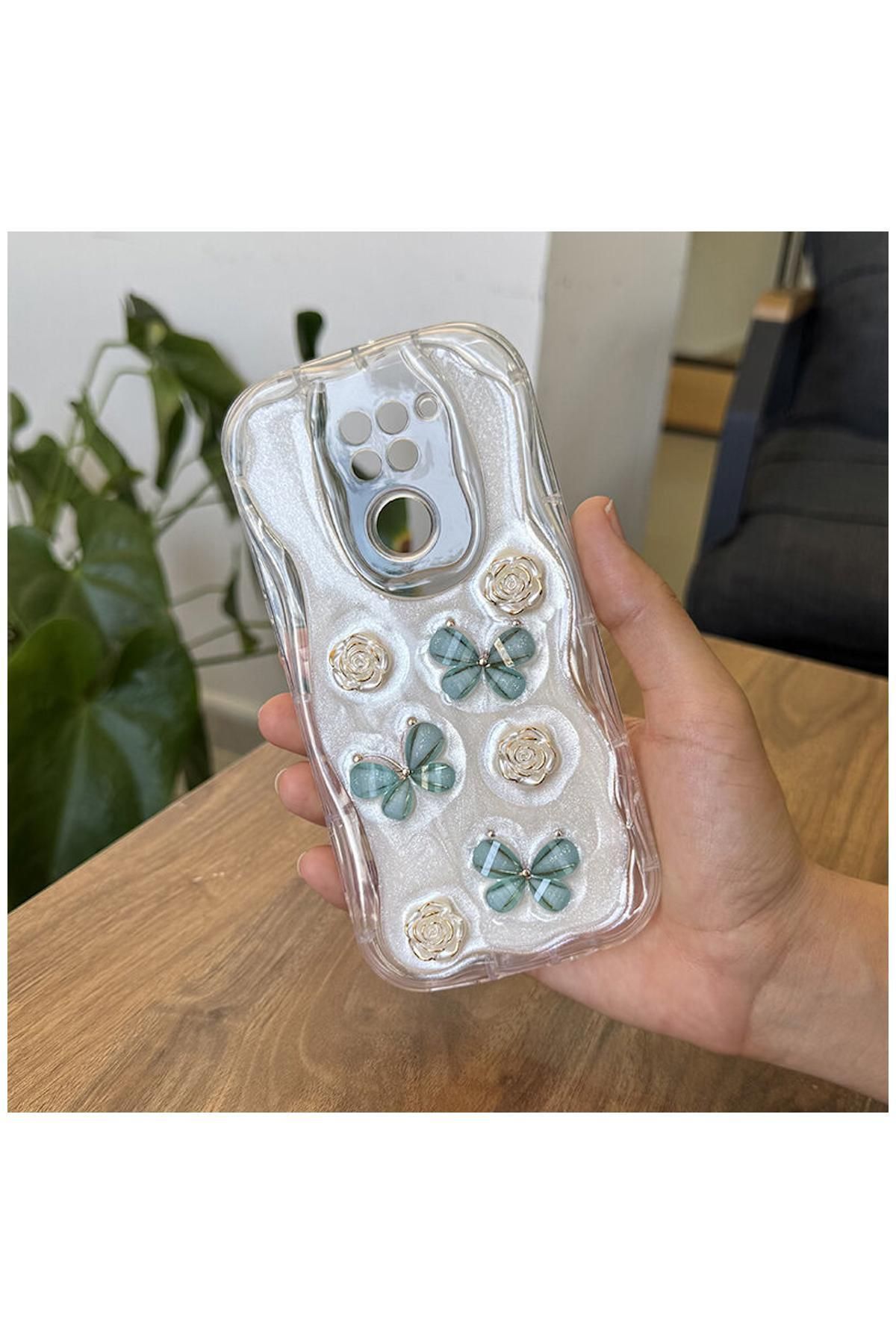 Pro Aksesuar Xiaomi Redmi Note 9 Uyumlu Kılıf Kelebekli Floral Silikon Kılıf Yeşil