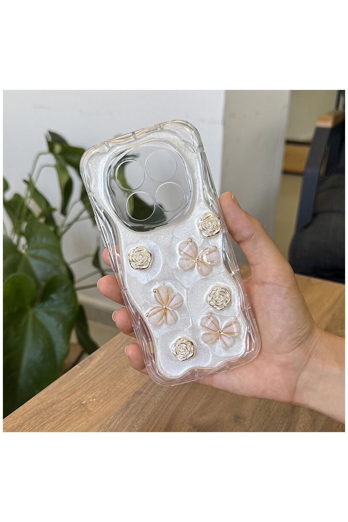 Pro Aksesuar Xiaomi Redmi Note 14 Pro Uyumlu Kılıf Kelebekli Floral Silikon Kılıf Gold