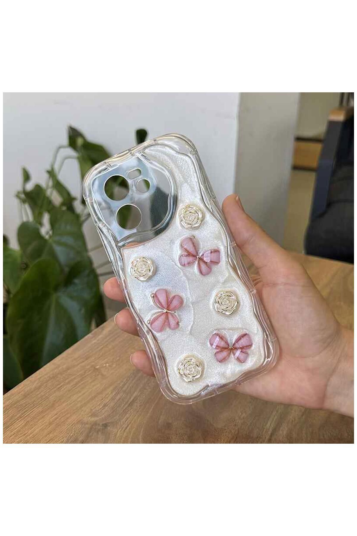 Pro Aksesuar Xiaomi Mi 13T Pro Uyumlu Kılıf Kelebekli Floral Silikon Kılıf Rose Gold