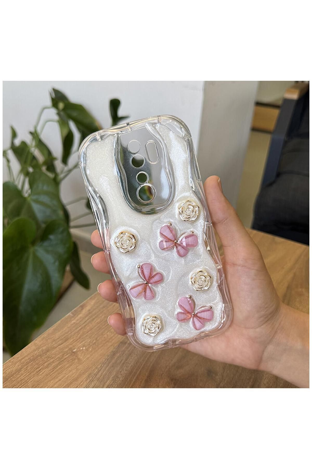 Pro Aksesuar Xiaomi Redmi Note 8 Pro Uyumlu Kılıf Kelebekli Floral Silikon Kılıf Rose Gold