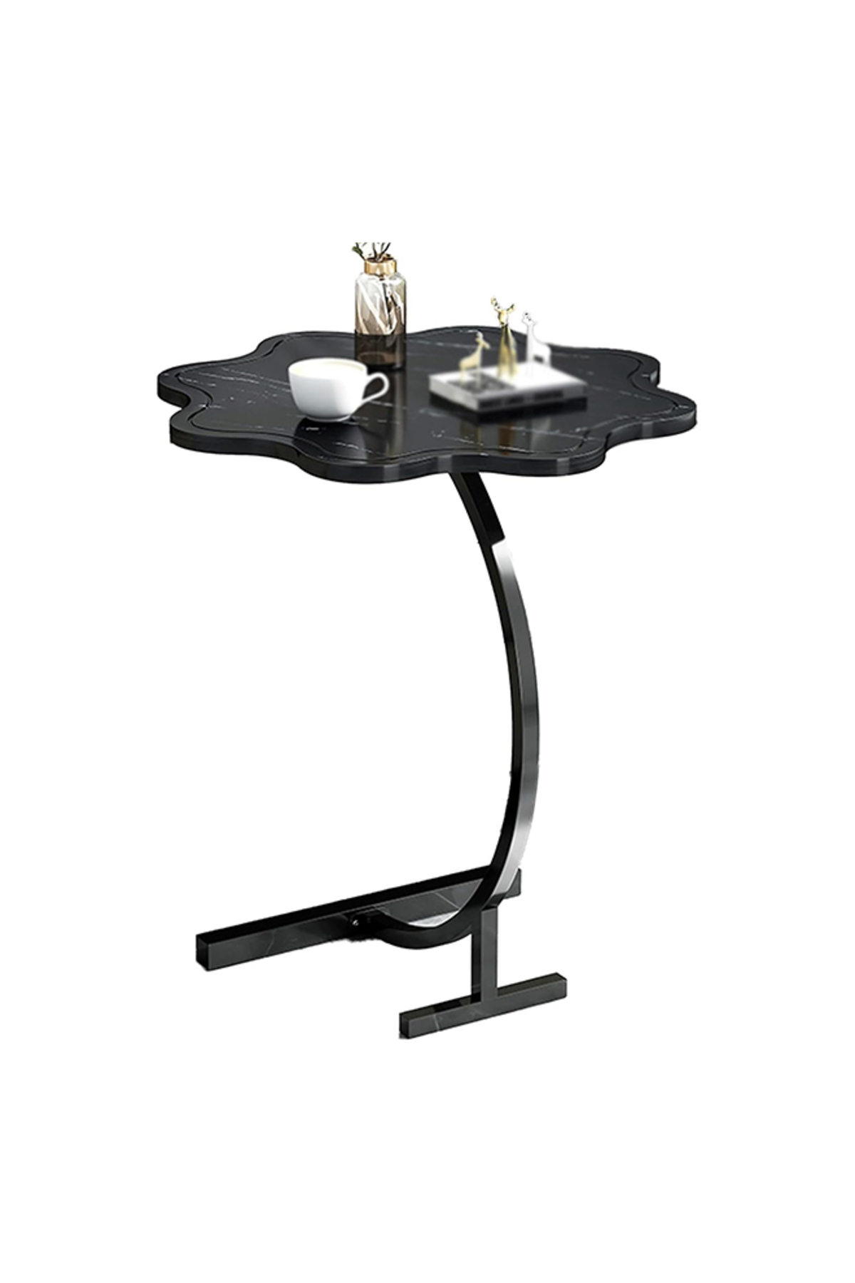 طاولة قهوة عصرية | طاولة جانبية على شكل حرف C بسطح خشبي على شكل زهرة وإطار معدني أسود