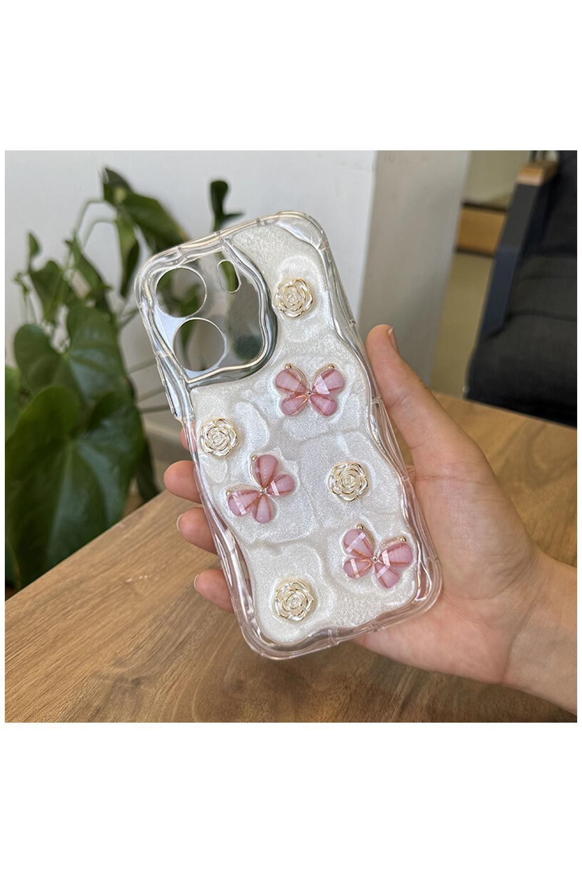 Pro Aksesuar Xiaomi Redmi 13C Uyumlu Kılıf Kelebekli Floral Silikon Kılıf Rose Gold