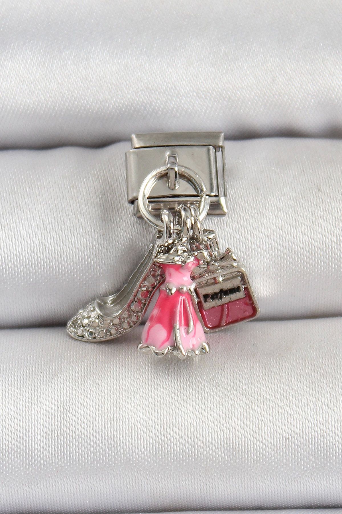 adden BFS 316L Çelik Gümüş Renk Pembe Elbise Kombini Model Nomination Charm