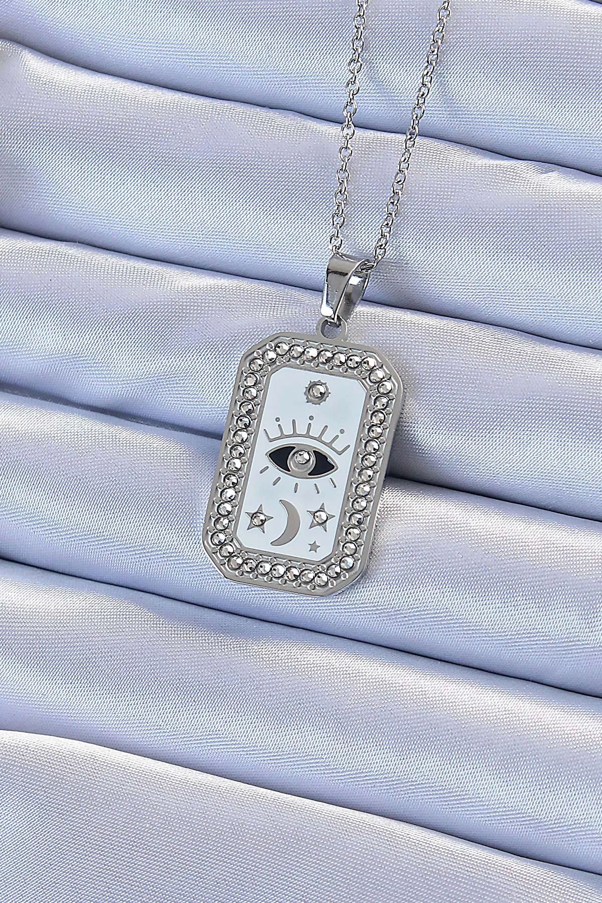Vita Premio BFS 316L Çelik Zincir Gümüş Renk Mineli Zirkon Taşlı Göz Figür Tarot Kolye