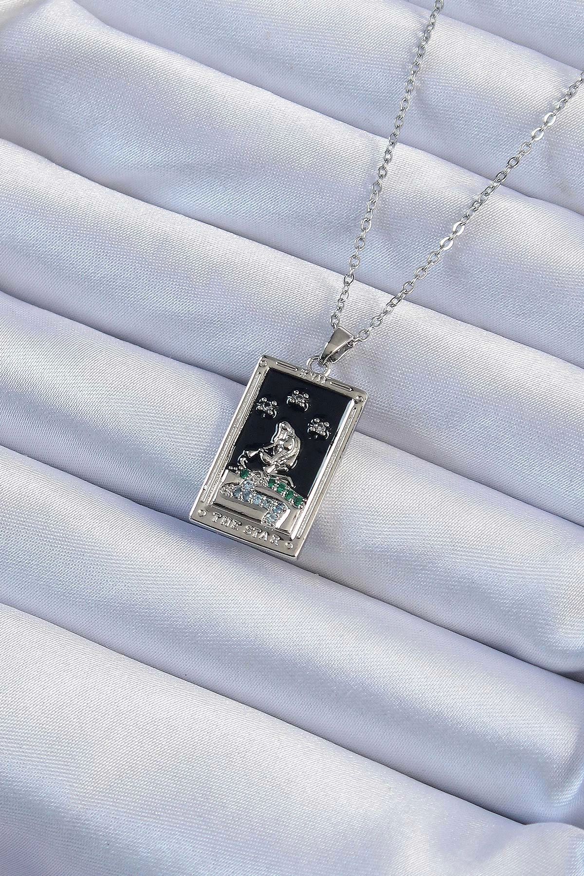 Vita Premio BFS 316L Çelik Zincir Gümüş Renk Zirkon Taşlı Siyah Mineli Kız Figürlü Tarot Kolye