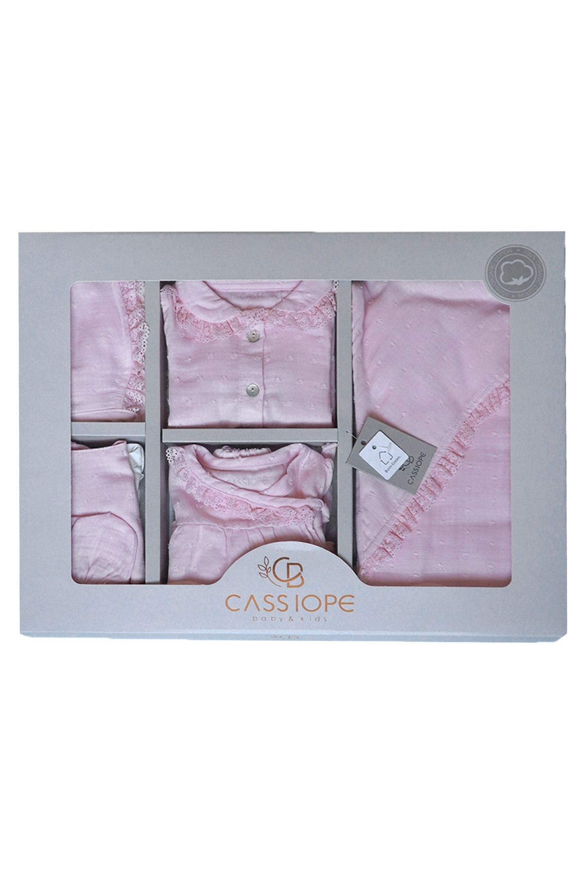 Cassiope Allin'co -Cassiope %100 organik pamuklu Müslin Yenidoğan Kız Bebek Hastane Çıkış Seti Pembe