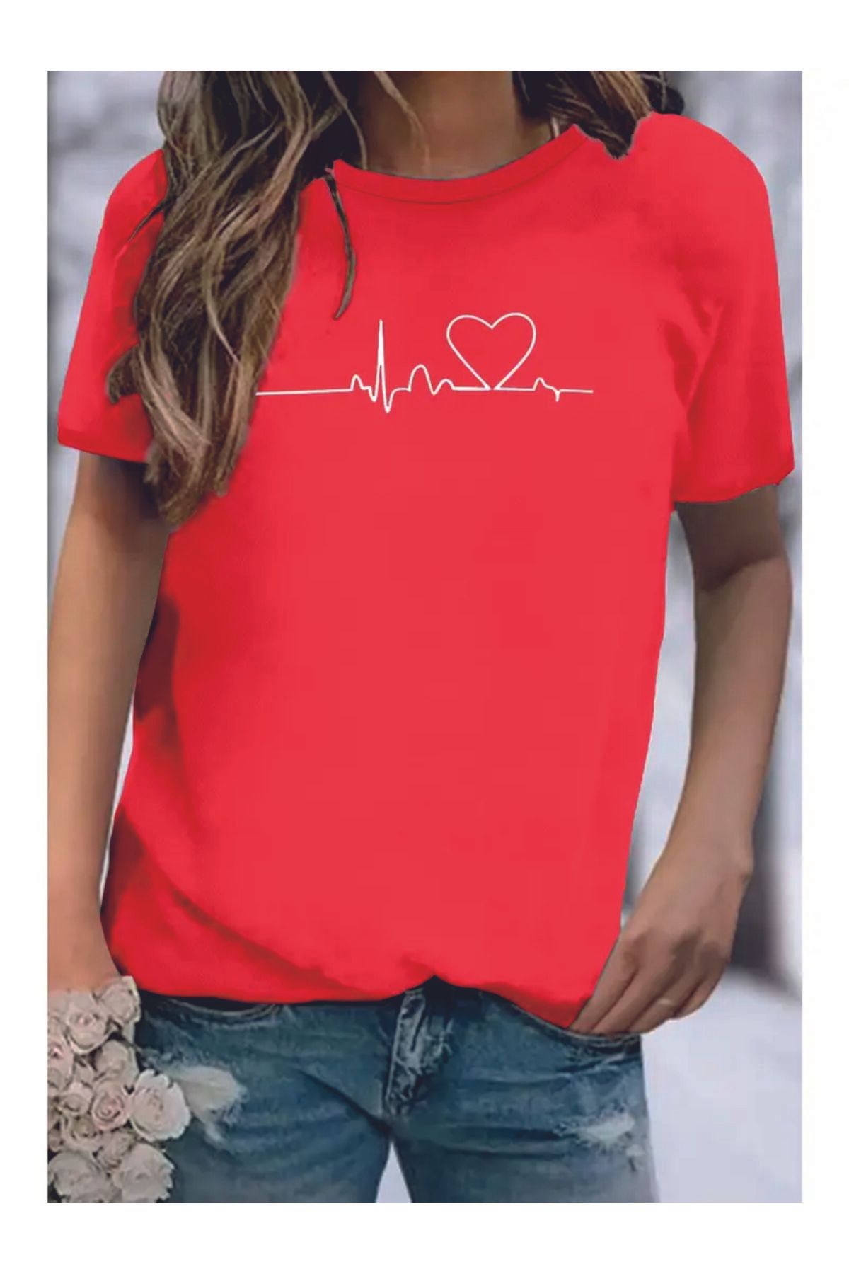 HOFFNUNG T SHIRT Kadınlar İçin heart puls oversize Boy Nefes Alabilen Düşük Omuzlu Tişört