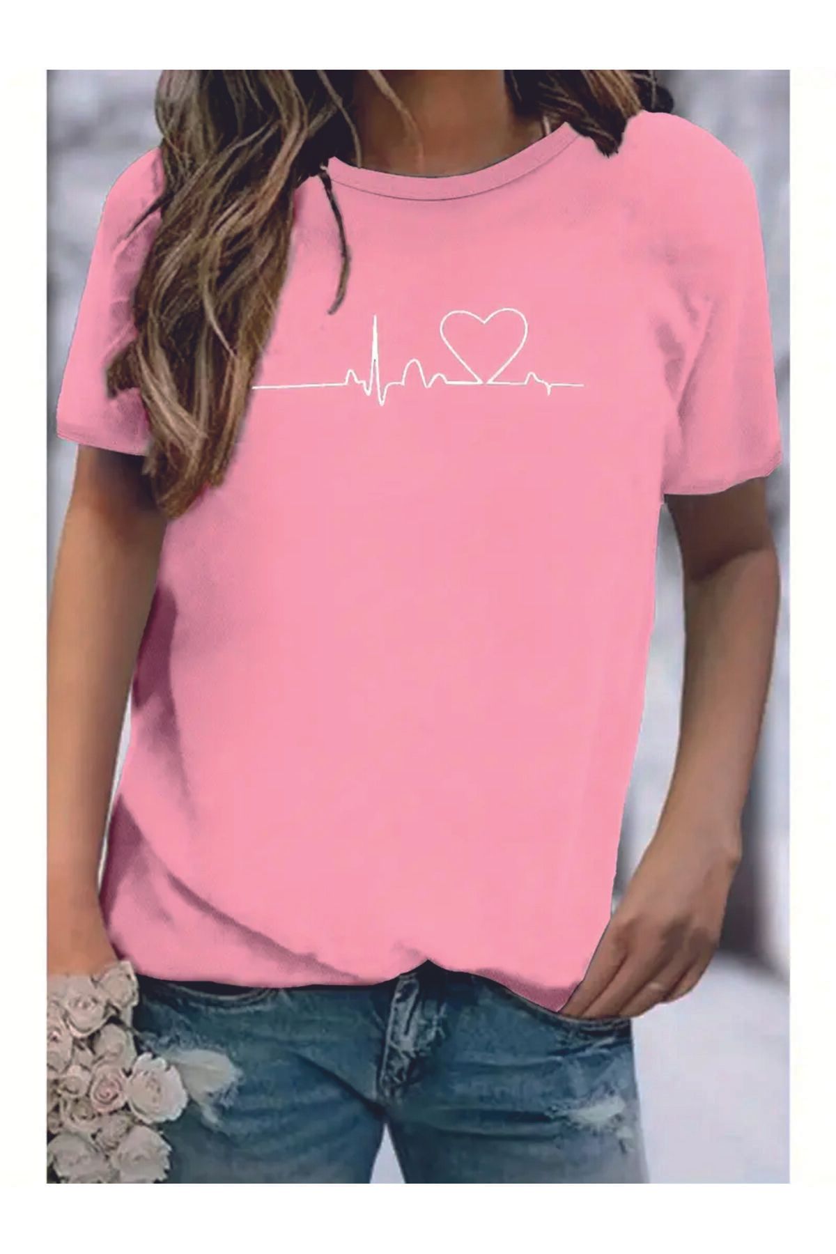 HOFFNUNG T SHIRT Kadınlar İçin heart puls oversize Boy Nefes Alabilen Düşük Omuzlu Tişört