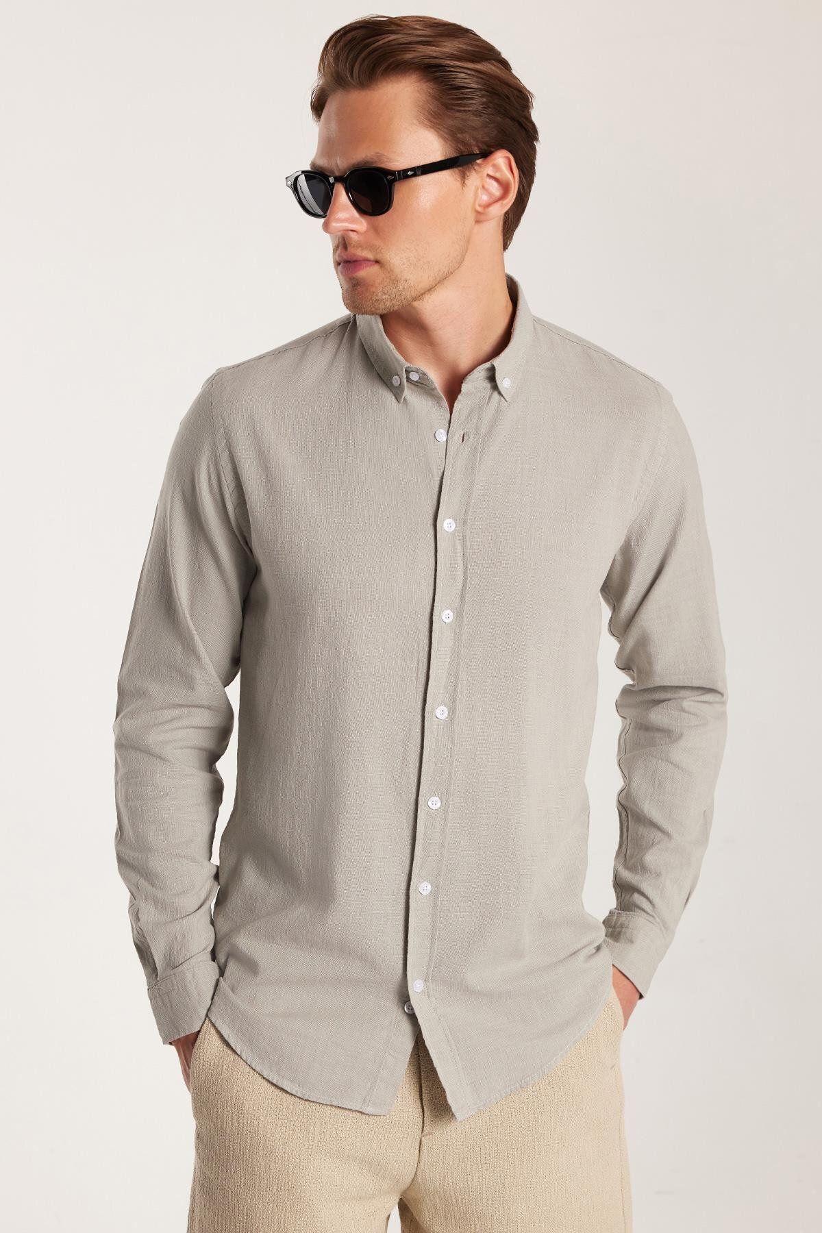 Tudors Erkek Slim Fit Dar Kesim %100 Pamuk Keten Doku Düğmeli Yaka Gri Gömlek