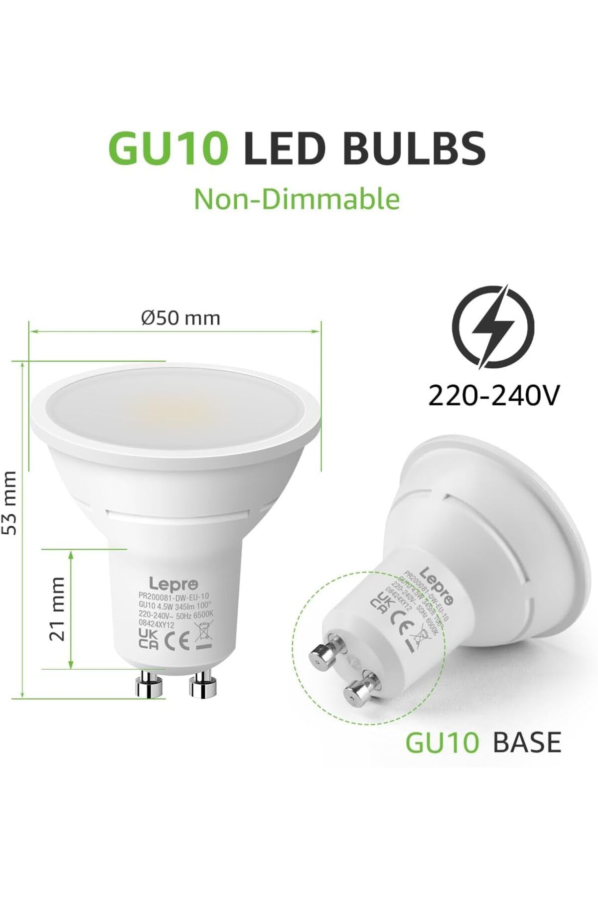 LEPRO-GU10 LED Bulbs, Daylight White 6500K, 100° Wide Beam Spot Light, 4W 345lm, 50W Halogen Spotli 7