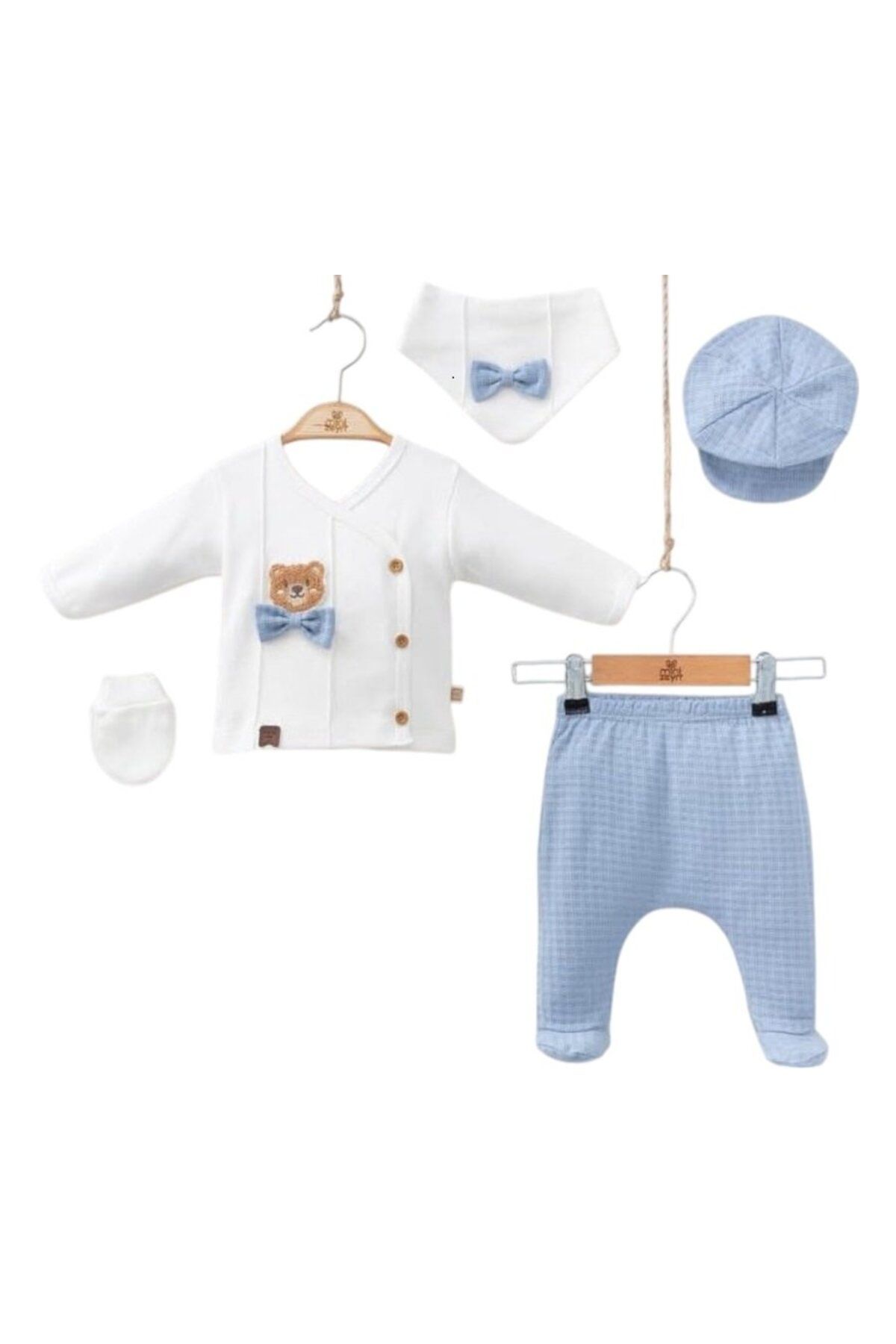 bipamuk %100 Natural Pamuk Ayıcık Nakışlı 5’li Erkek Bebek Zıbın Takımı 1-3 Ay Yumuşak & Hediyelik Set