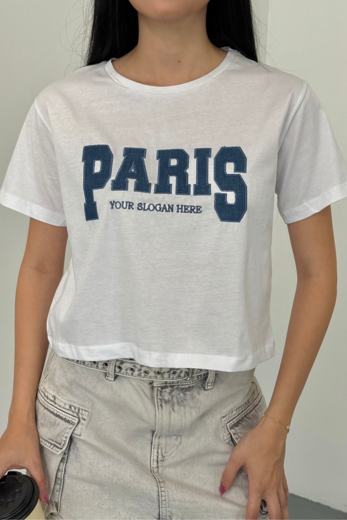alanora Kadın Paris Baskılı Pamuklu Likralı Bisiklet Yaka Crop