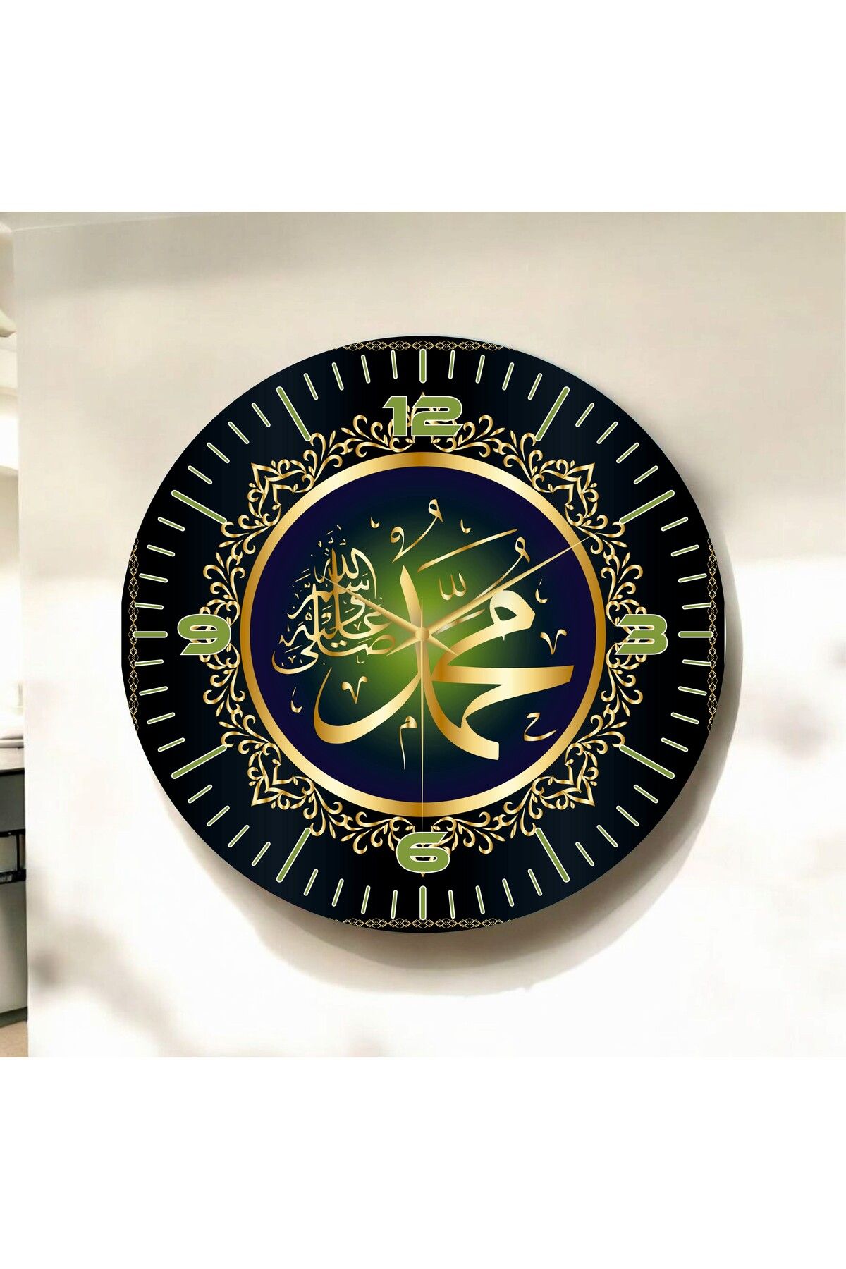 AA Shop Renkli Baskı Dini Desenli Sayılı Hediyelik Ahşap Sessiz Duvar Saati 50cm