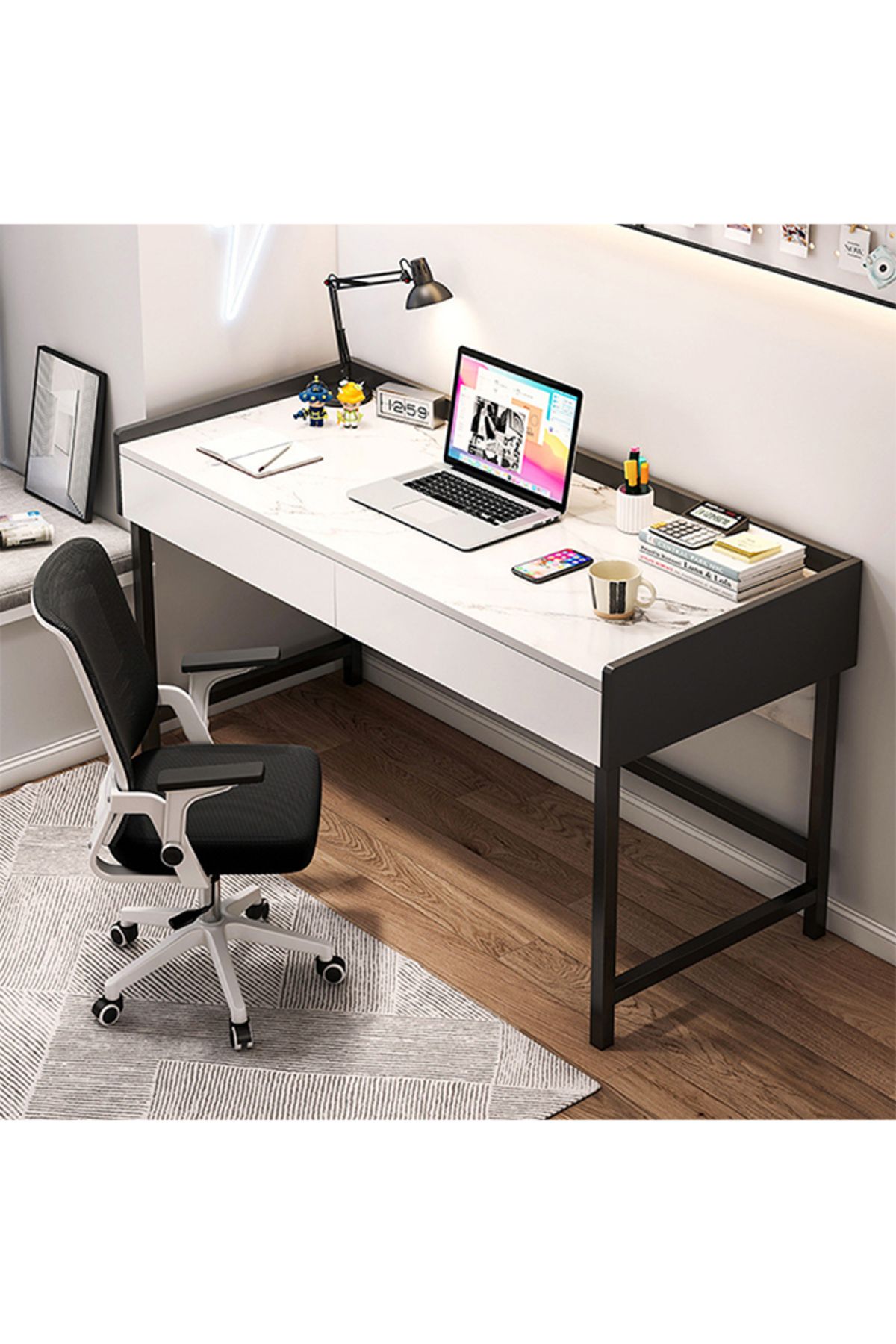 sharpdo-Marble Texture Desk Desk With Double Drawers 80*40*80cm 3
