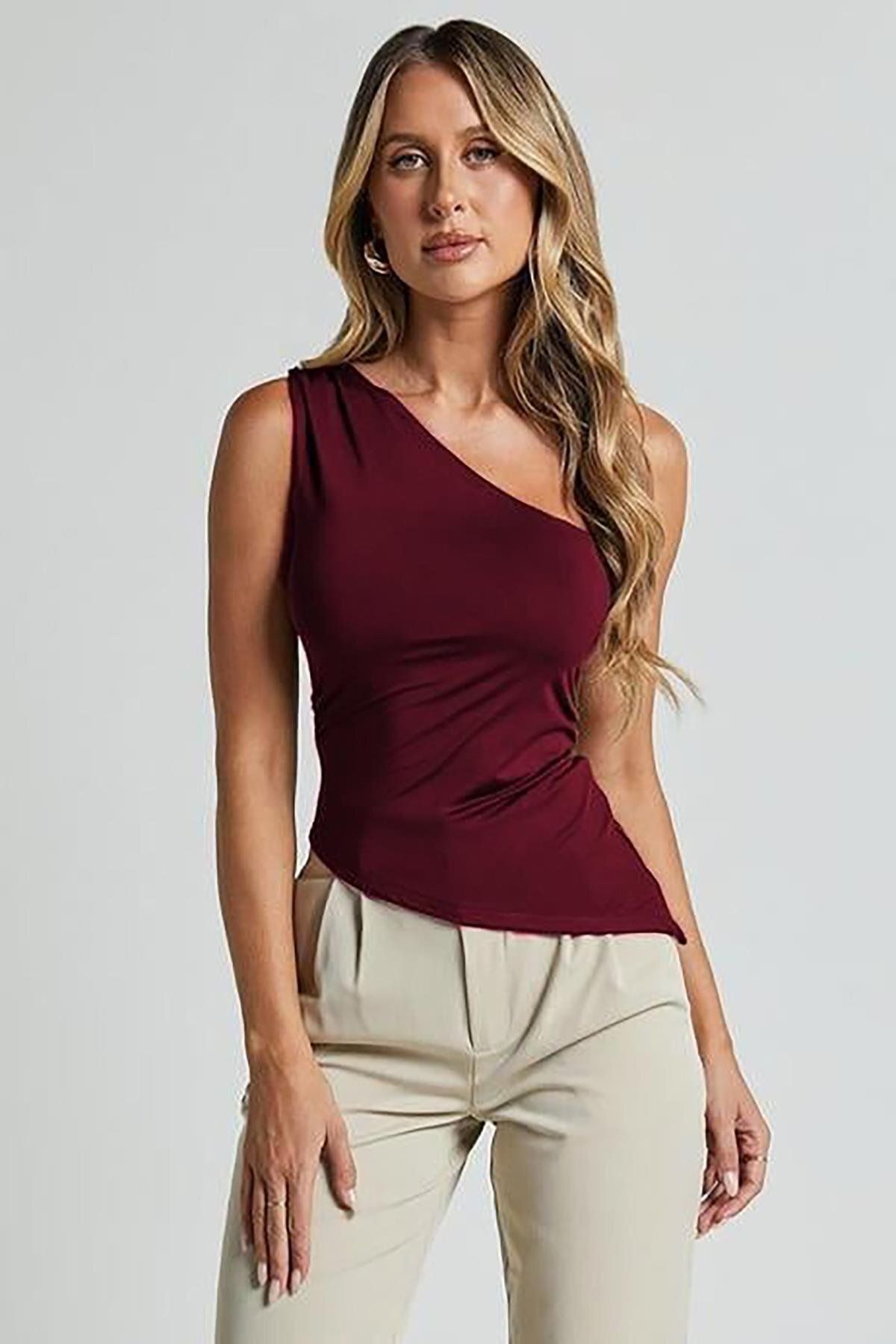 Madmext Bordo Tek Omuzlu Basic Kadın Body MG2498