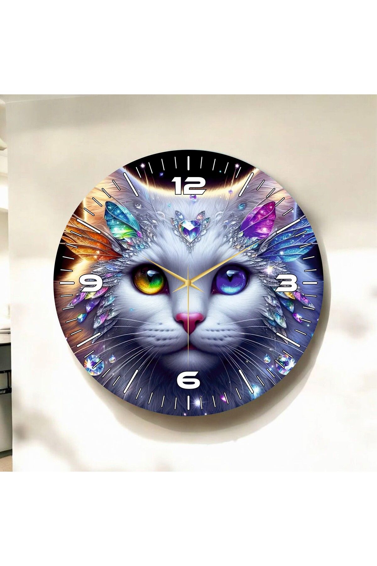 AA Shop Renkli Baskı Kedi Çocuk Desenli Sayılı Hediyelik Ahşap Sessiz Duvar Saati 50cm