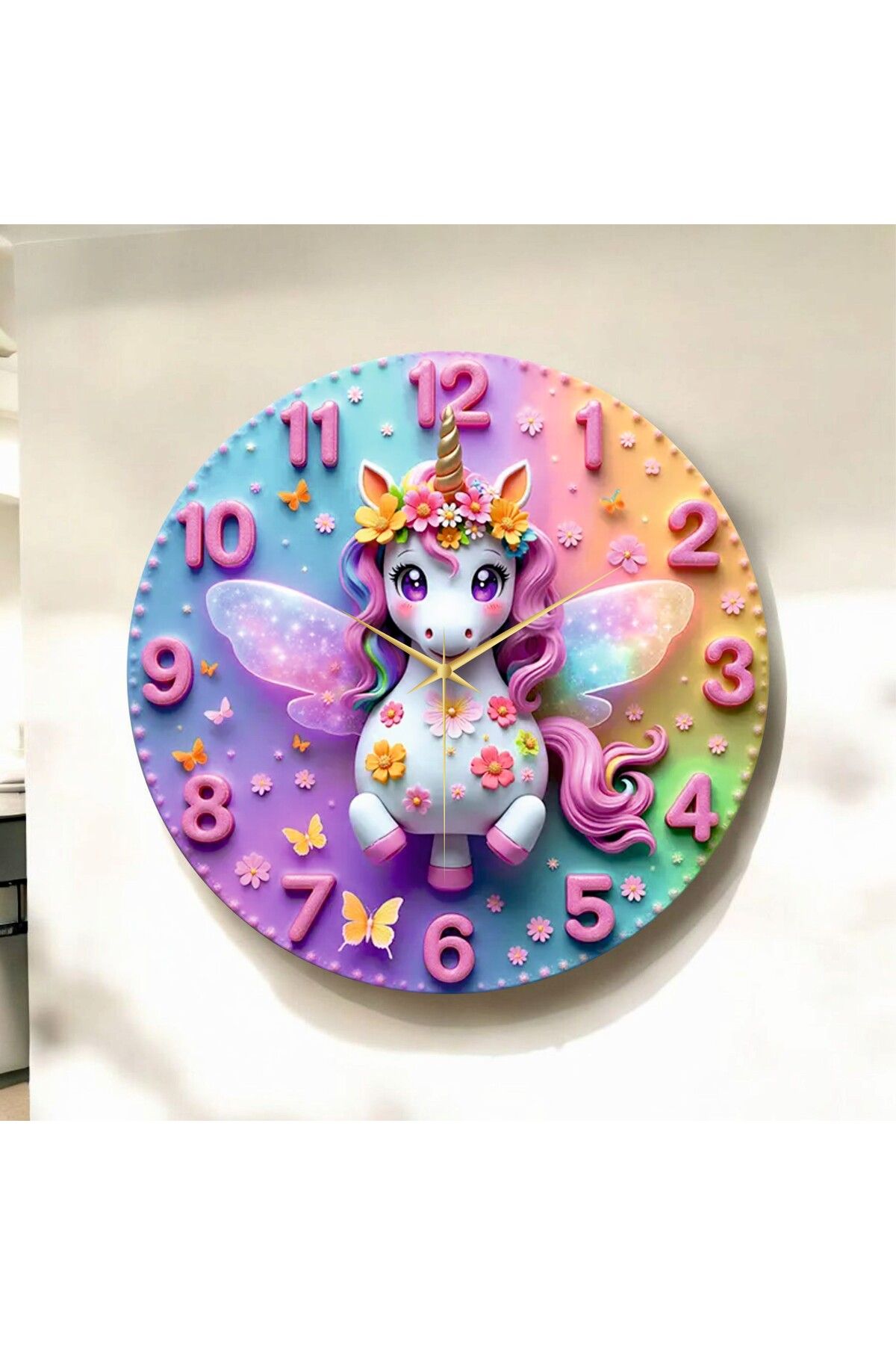 AA Shop Renkli Baskı At Çocuk Desenli Sayılı Hediyelik Ahşap Sessiz Duvar Saati 50cm