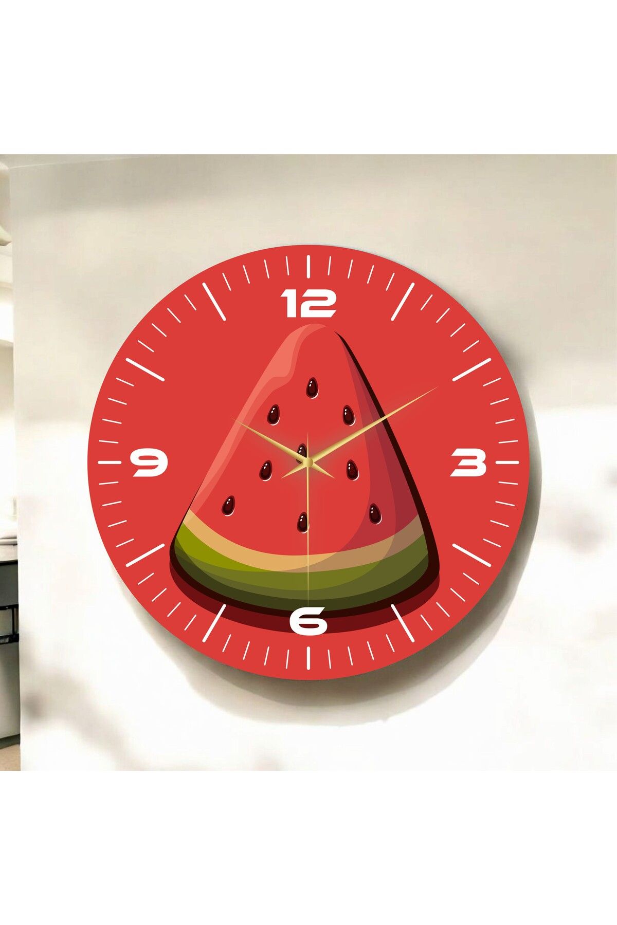 AA Shop Kırmızı Renkli Baskı Karpuz Meyve Desenli Sayılı Hediyelik Ahşap Sessiz Duvar Saati 50cm