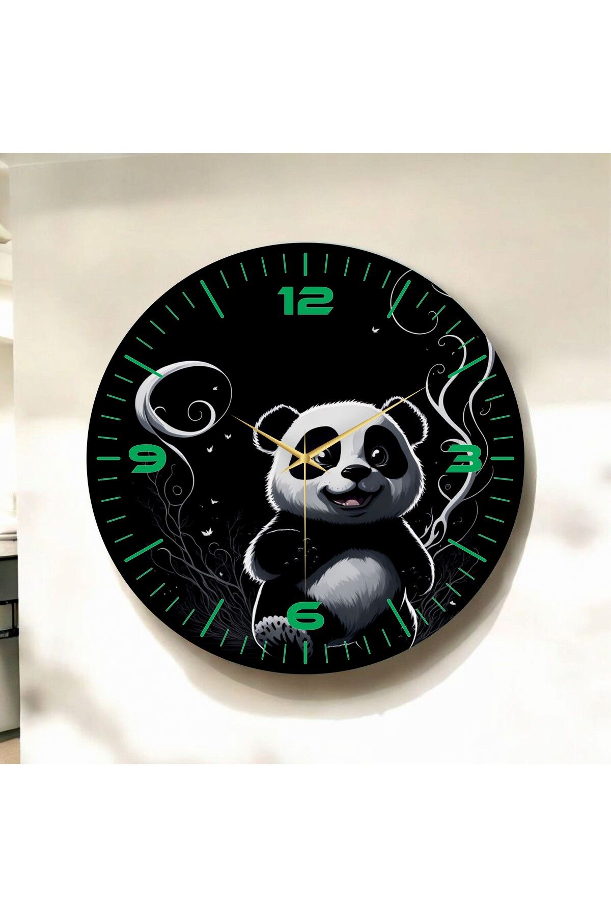 AA Shop Renkli Baskı Panda Desenli Sayılı Hediyelik Ahşap Sessiz Duvar Saati 50cm
