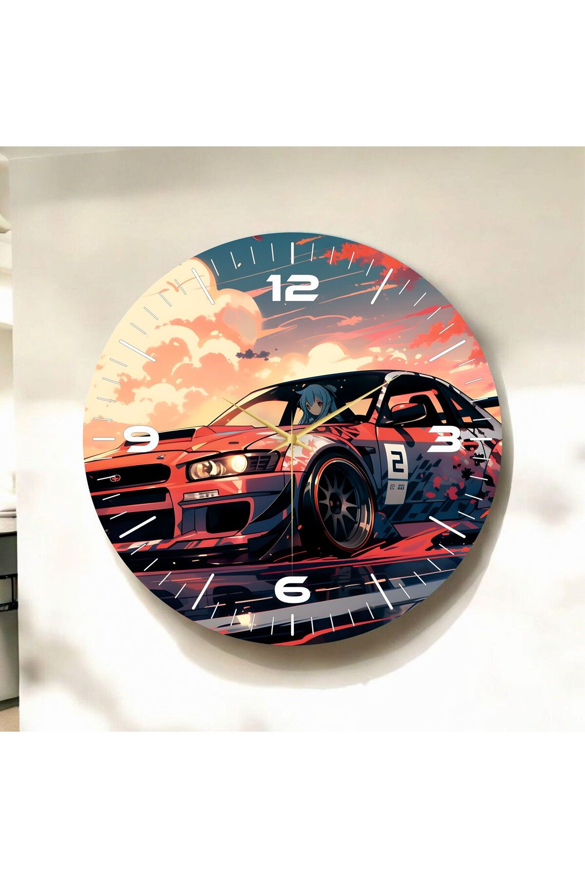 AA Shop Renkli Baskı Araba Desenli Sayılı Hediyelik Ahşap Sessiz Duvar Saati 50cm