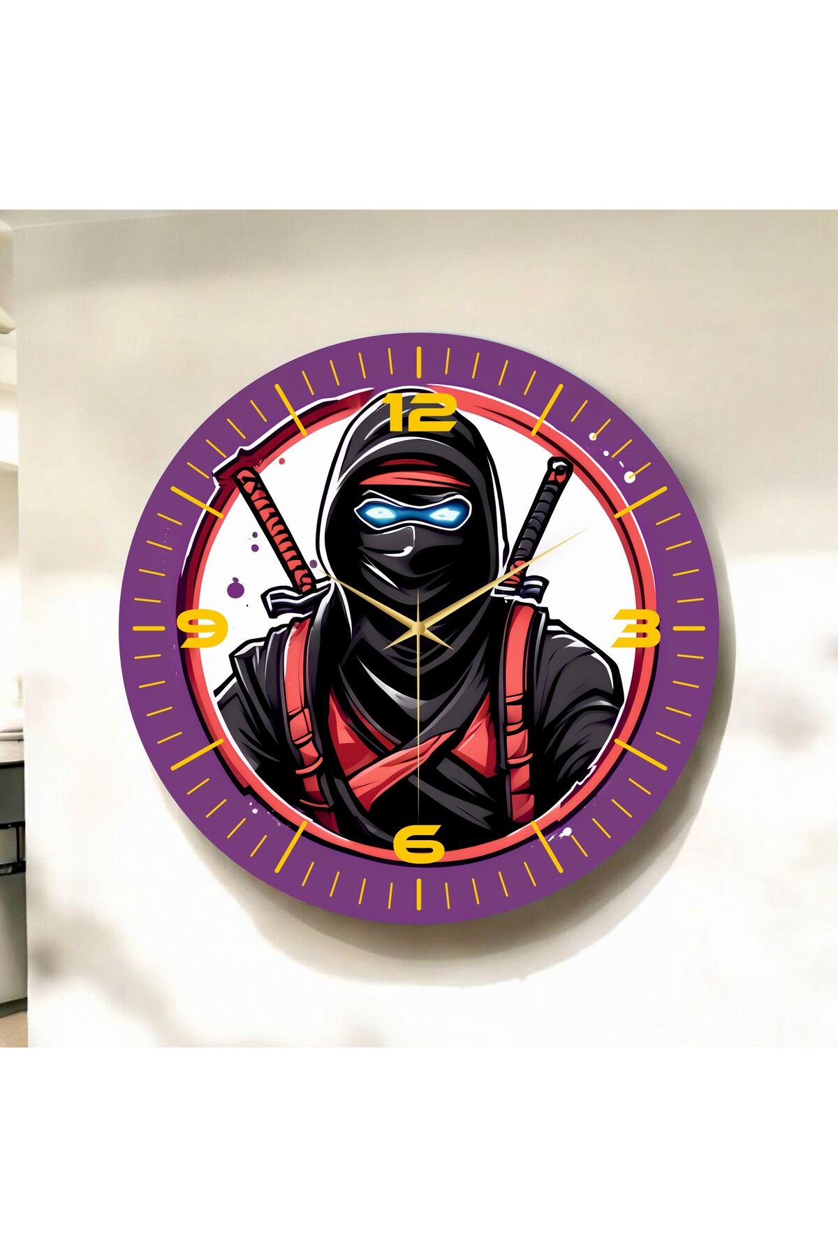 AA Shop Renkli Baskı Gamer Oyuncu Ninja Desenli Sayılı Hediyelik Ahşap Sessiz Duvar Saati 50cm