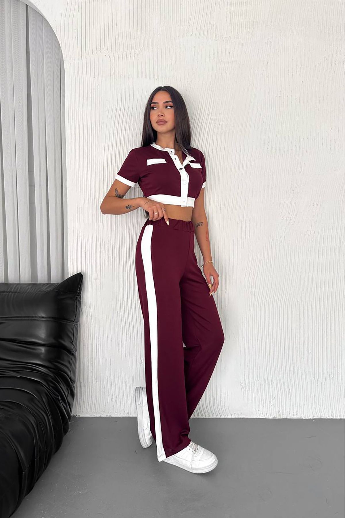 Neşeli Butik kadın bordo şerit detaylı ikili spor takım NBTG103