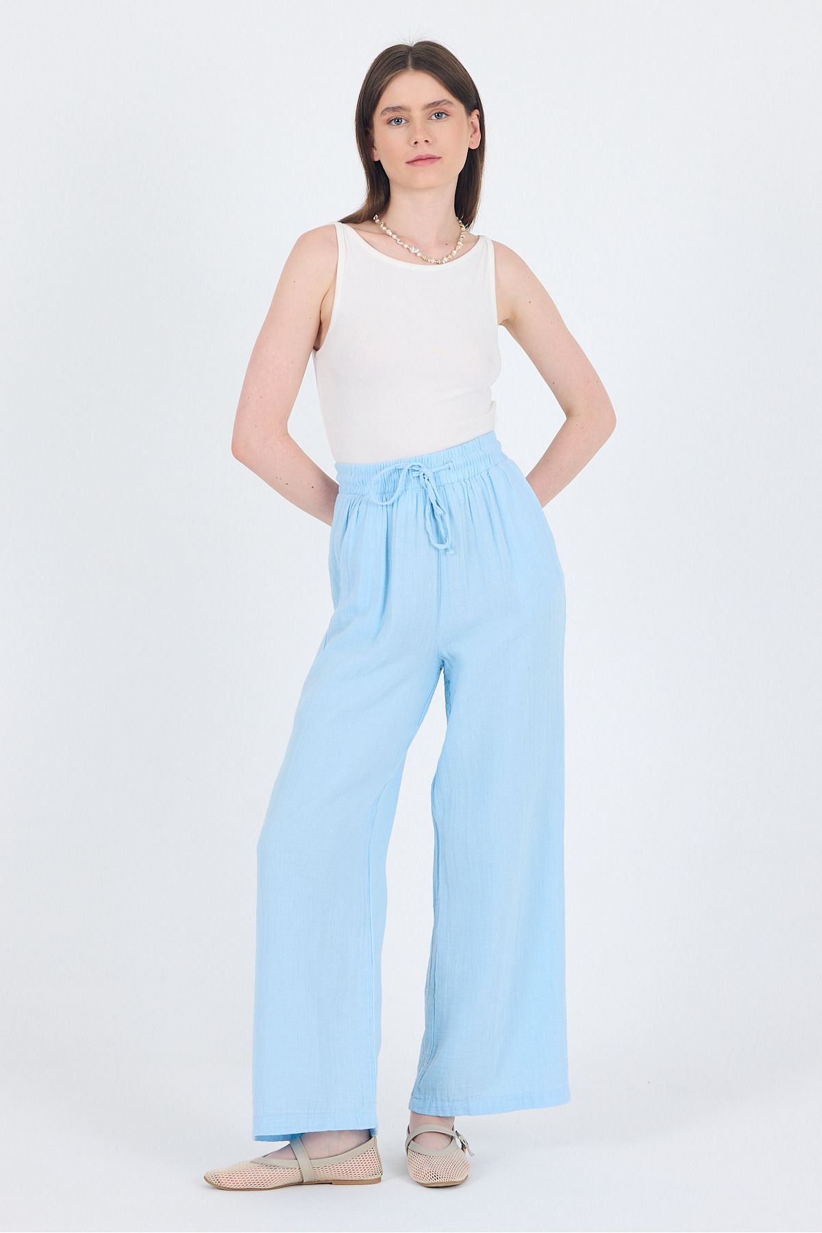 Rays Bebe Mavi %100 Pamuk Müslin Palazzo/Bol Paça Pantolon 8056A