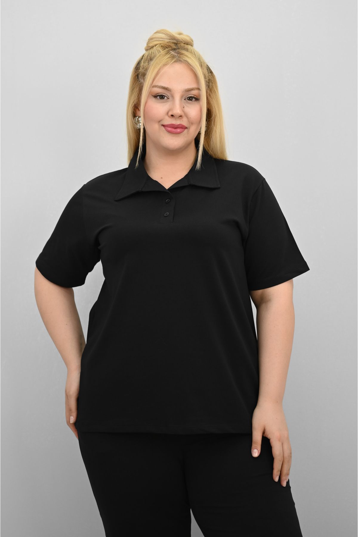 Koza Butik-Women's Plus Size Short Sleeve Polo Neck Tracksuit Set 8188-25 6