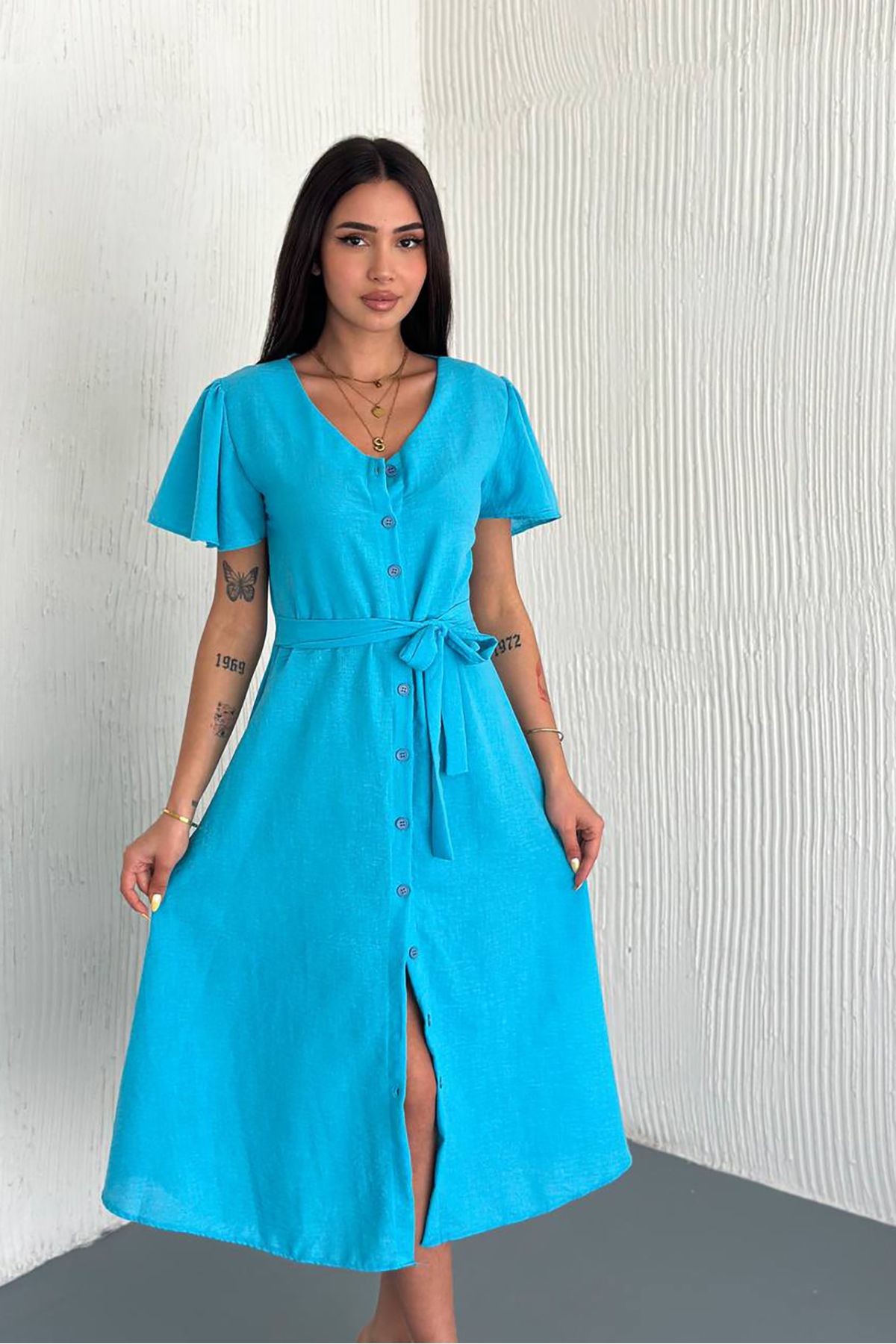 Neşeli Butik kadın kuşaklı kruvaze yaka keten elbise NBK058