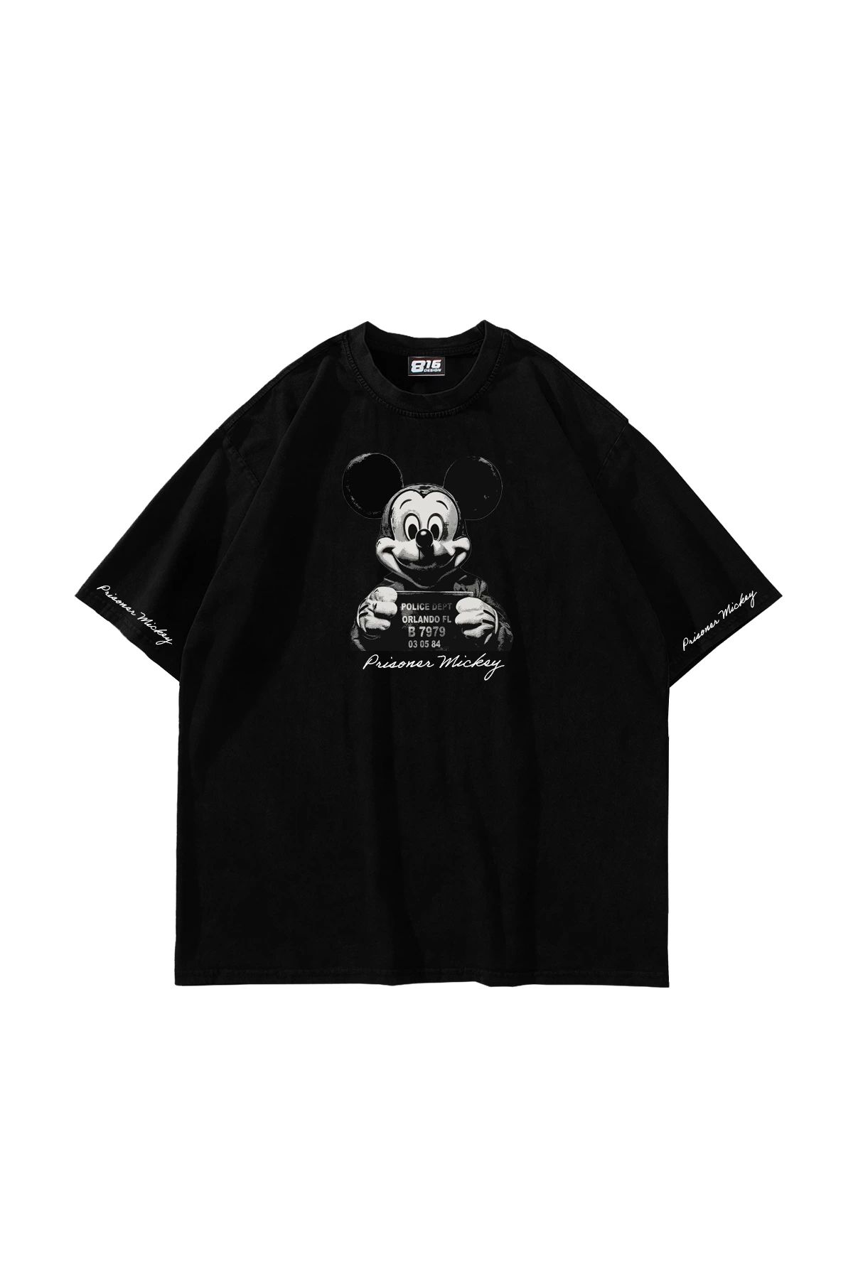 Sekizbiraltı Prisoner Mickey Baskılı Oversize Unisex Siyah Tshirt